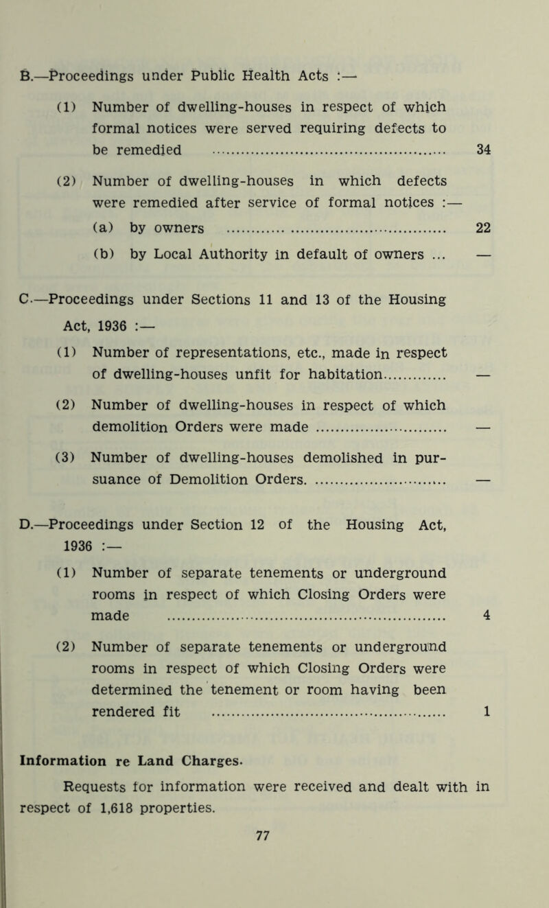 B.—Proceedings under Public Health Acts !—* (1) Number of dwelling-houses in respect of which formal notices were served requiring defects to be remedied 34 (2) Number of dwelling-houses in which defects were remedied after service of formal notices :— (a) by owners 22 (b) by Local Authority in default of owners ... — C—Proceedings under Sections 11 and 13 of the Housing Act , 1936 :— (1) Number of representations, etc., made in respect of dwelling-houses unfit for habitation — (2) Number of dwelling-houses in respect of which demolition Orders were made (3) Number of dwelling-houses demolished in pur- suance of Demolition Orders D.—Proceedings under Section 12 of the Housing Act, 1936 :— (1) Number of separate tenements or underground rooms in respect of which Closing Orders were made 4 (2) Number of separate tenements or underground rooms in respect of which Closing Orders were determined the tenement or room having been rendered fit 1 Information re Land Charges. Requests for information were received and dealt with in respect of 1,618 properties.