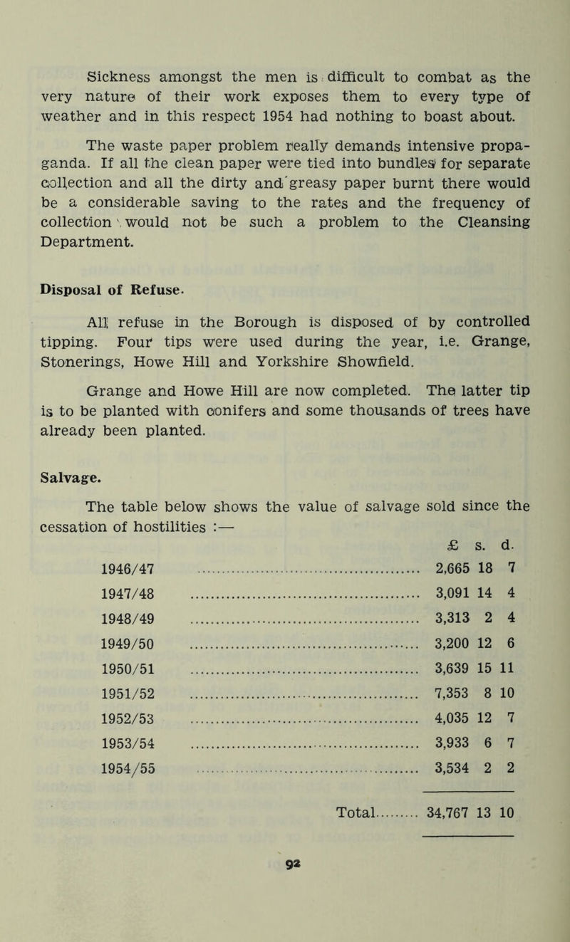Sickness amongst the men is difficult to combat as the very nature of their work exposes them to every type of weather and in this respect 1954 had nothing to boast about. The waste paper problem really demands intensive propa- ganda. If all the clean paper were tied into bundled for separate collection and all the dirty and greasy paper burnt there would be a considerable saving to the rates and the frequency of collection \ would not be such a problem to the Cleansing Department. Disposal of Refuse. All refuse in the Borough is disposed of by controlled tipping. Four tips were used during the year, i.e. Grange, Stonerings, Howe Hill and Yorkshire Showfield. Grange and Howe Hill are now completed. The latter tip is to be planted with conifers and some thousands of trees have already been planted. Salvage. The table below shows the value of salvage sold since the cessation of hostilities :— £ s. d. 1946/47 2,665 18 7 1947/48 3,091 14 4 1948/49 3,313 2 4 1949/50 3,200 12 6 1950/51 3,639 15 11 1951/52 7,353 8 10 1952/53 4,035 12 7 1953/54 3,933 6 7 1954/55 3,534 2 2 Total 34,767 13 10