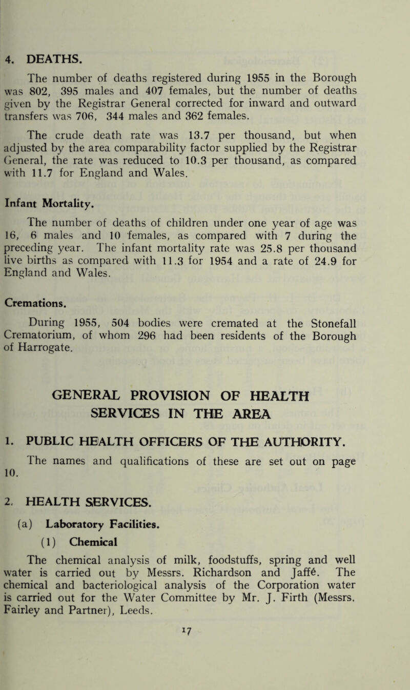 The number of deaths registered during 1955 in the Borough was 802, 395 males and 407 females, but the number of deaths given by the Registrar General corrected for inward and outward transfers was 706, 344 males and 362 females. The crude death rate was 13.7 per thousand, but when adjusted by the area comparability factor supplied by the Registrar General, the rate was reduced to 10.3 per thousand, as compared with 11.7 for England and Wales. Infant Mortality. The number of deaths of children under one year of age was 16, 6 males and 10 females, as compared with 7 during the preceding year. The infant mortality rate was 25.8 per thousand live births as compared with 11.3 for 1954 and a rate of 24.9 for England and Wales. Cremations. During 1955, 504 bodies were cremated at the Stonefall Crematorium, of whom 296 had been residents of the Borough of Harrogate. GENERAL PROVISION OF HEALTH SERVICES IN THE AREA 1. PUBLIC HEALTH OFFICERS OF THE AUTHORITY. The names and qualifications of these are set out on page 10. 2, HEALTH SERVICES. (a) Laboratory Facilities. (1) Chemical The chemical analysis of milk, foodstuffs, spring and well water is carried out by Messrs. Richardson and Jaff6. The chemical and bacteriological analysis of the Corporation water is carried out for the Water Committee by Mr. J. Firth (Messrs. Fairley and Partner), Leeds. *7