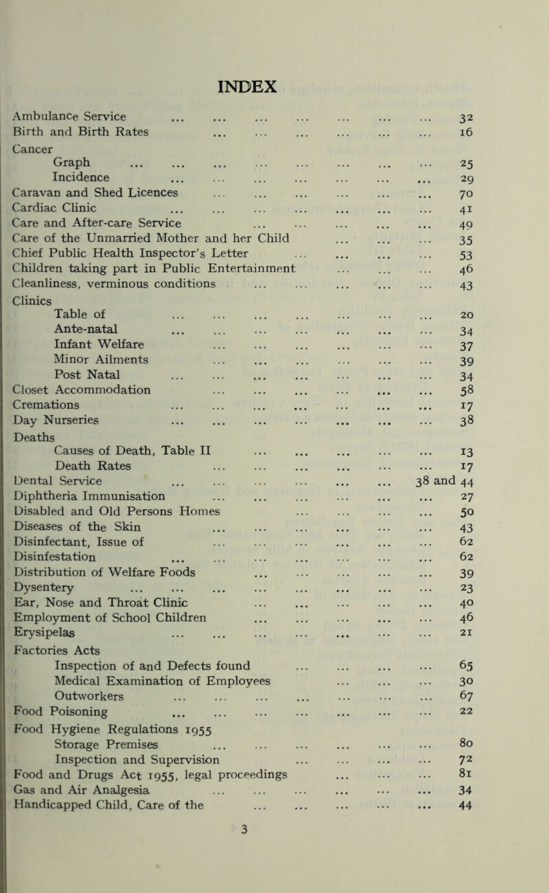 INDEX Ambulance Service 32 Birth and Birth Rates 16 Cancer Graph 25 Incidence 29 Caravan and Shed Licences 70 Cardiac Clinic 41 Care and After-care Service 49 Care of the Unmarried Mother and her Child 35 Chief Public Health Inspector’s Letter 53 Children taking part in Public Entertainment 46 Cleanliness, verminous conditions 43 Clinics Table of 20 Ante-natal 34 Infant Welfare 37 Minor Ailments 39 Post Natal 34 Closet Accommodation 58 Cremations 17 Day Nurseries 38 Deaths Causes of Death, Table II 13 Death Rates 17 Dental Service 38 and 44 Diphtheria Immunisation 27 Disabled and Old Persons Homes 50 Diseases of the Skin 43 Disinfectant, Issue of 62 Disinfestation 62 Distribution of Welfare Foods 39 Dysentery 23 Ear, Nose and Throat Clinic 40 Employment of School Children 46 Erysipelas 21 Factories Acts Inspection of and Defects found 65 Medical Examination of Employees 30 Outworkers 67 Food Poisoning 22 Food Hygiene Regulations 1955 Storage Premises 80 Inspection and Supervision 72 Food and Drugs Act 1955, legal proceedings 81 Gas and Air Analgesia 34 Handicapped Child, Care of the 44