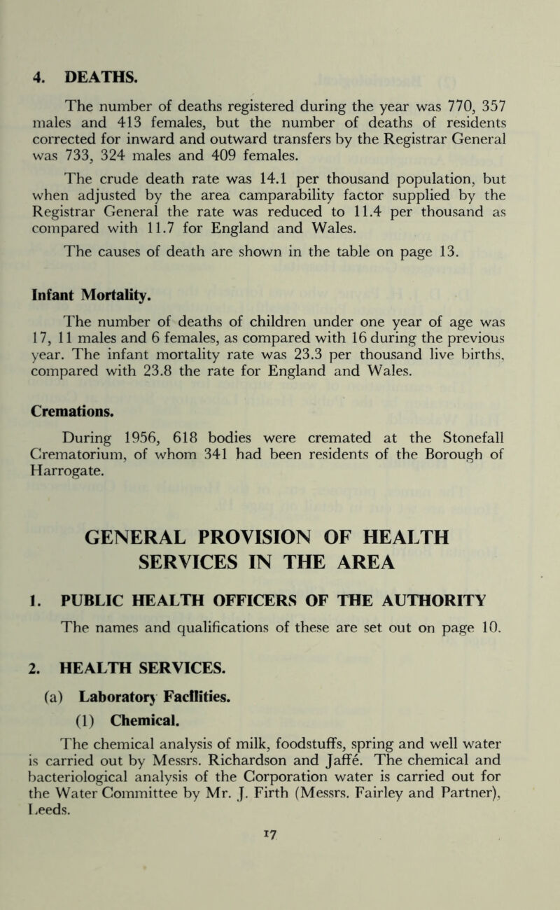 4. DEATHS. The number of deaths registered during the year was 770, 357 males and 413 females, but the number of deaths of residents corrected for inward and outward transfers by the Registrar General was 733, 324 males and 409 females. The crude death rate was 14.1 per thousand population, but when adjusted by the area camparability factor supplied by the Registrar General the rate was reduced to 11.4 per thousand as compared with 11.7 for England and Wales. The causes of death are shown in the table on page 13. Infant Mortality. The number of deaths of children under one year of age was 17, 11 males and 6 females, as compared with 16 during the previous year. The infant mortality rate was 23.3 per thousand live births, compared with 23.8 the rate for England and Wales. Cremations. During 1956, 618 bodies were cremated at the Stonefall Crematorium, of whom 341 had been residents of the Borough of Harrogate. GENERAL PROVISION OF HEALTH SERVICES IN THE AREA 1. PUBLIC HEALTH OFFICERS OF THE AUTHORITY The names and qualifications of these are set out on page 10. 2. HEALTH SERVICES. (a) Laboratory Facilities. (1) Chemical. The chemical analysis of milk, foodstuffs, spring and well water is carried out by Messrs. Richardson and Jaffe. The chemical and bacteriological analysis of the Corporation water is carried out for the Water Committee by Mr. J. Firth (Messrs. Fairley and Partner), Leeds.