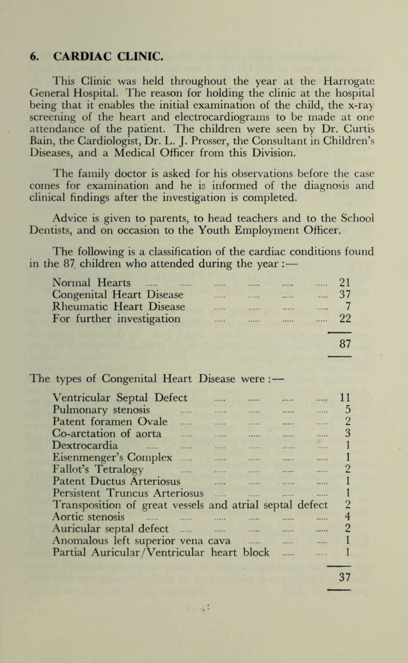 This Clinic was held throughout the year at the Harrogate General Hospital. The reason for holding the clinic at the hospital being that it enables the initial examination of the child, the x-ray screening of the heart and electrocardiograms to be made at one attendance of the patient. The children were seen by Dr. Curtis Bain, the Cardiologist, Dr. L. J. Prosser, the Consultant in Children’s Diseases, and a Medical Officer from this Division. The family doctor is asked for his observations before the case comes for examination and he is informed of the diagnosis and clinical findings after the investigation is completed. Advice is given to parents, to head teachers and to the School Dentists, and on occasion to the Youth Employment Officer. The following is a classification of the cardiac conditions found in the 87 children who attended during the year :— Normal Hearts 21 Congenital Heart Disease 37 Rheumatic Heart Disease 7 For further investigation 22 87 The types of Congenital Heart Disease were :— Ventricular Septal Defect 11 Pulmonary stenosis 5 Patent foramen Ovale 2 Co-arctation of aorta 3 Dextrocardia 1 Eisenmenger’s Complex 1 Fallot’s Tetralogy 2 Patent Ductus Arteriosus 1 Persistent Truncus Arteriosus 1 Transposition of great vessels and atrial septal defect 2 Aortic stenosis 4 Auricular septal defect 2 Anomalous left superior vena cava 1 Partial Auricular/Ventricular heart block 1 37