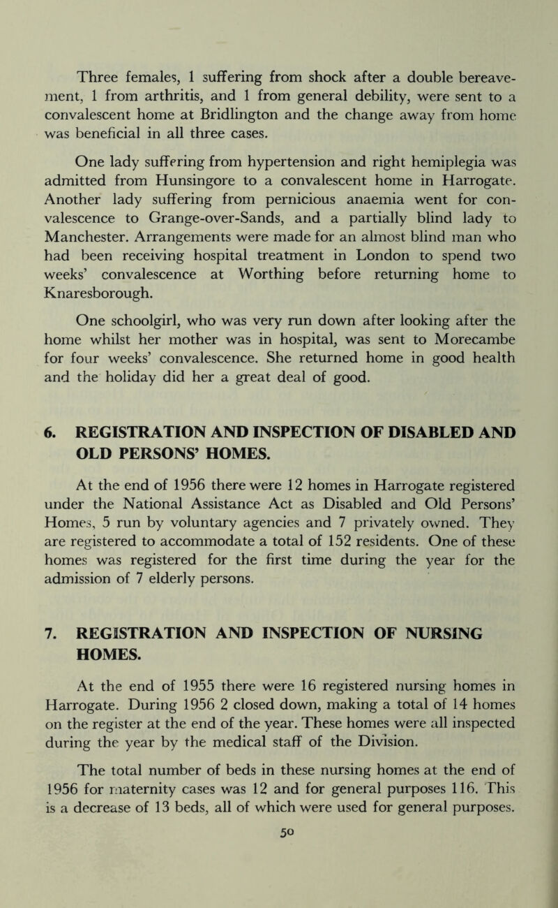 Three females, 1 suffering from shock after a double bereave- ment, 1 from arthritis, and 1 from general debility, were sent to a convalescent home at Bridlington and the change away from home was beneficial in all three cases. One lady suffering from hypertension and right hemiplegia was admitted from Hunsingore to a convalescent home in Harrogate. Another lady suffering from pernicious anaemia went for con- valescence to Grange-over-Sands, and a partially blind lady to Manchester. Arrangements were made for an almost blind man who had been receiving hospital treatment in London to spend two weeks’ convalescence at Worthing before returning home to Knaresborough. One schoolgirl, who was very run down after looking after the home whilst her mother was in hospital, was sent to Morecambe for four weeks’ convalescence. She returned home in good health and the holiday did her a great deal of good. 6. REGISTRATION AND INSPECTION OF DISABLED AND OLD PERSONS’ HOMES. At the end of 1956 there were 12 homes in Harrogate registered under the National Assistance Act as Disabled and Old Persons’ Homes, 5 run by voluntary agencies and 7 privately owned. They are registered to accommodate a total of 152 residents. One of these homes was registered for the first time during the year for the admission of 7 elderly persons. 7. REGISTRATION AND INSPECTION OF NURSING HOMES. At the end of 1955 there were 16 registered nursing homes in Harrogate. During 1956 2 closed down, making a total of 14 homes on the register at the end of the year. These homes were all inspected during the year by the medical staff of the Division. The total number of beds in these nursing homes at the end of 1956 for maternity cases was 12 and for general purposes 116. This is a decrease of 13 beds, all of which were used for general purposes. 5o