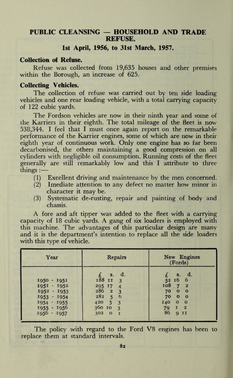 PUBLIC CLEANSING — HOUSEHOLD AND TRADE REFUSE. 1st April, 1956, to 31st March, 1957. Collection of Refuse. Refuse was collected from 19,635 houses and other premises within the Borough, an increase of 625. Collecting Vehicles. The collection of refuse was carried out by ten side loading vehicles and one rear loading vehicle, with a total carrying capacity of 122 cubic yards. The Fordson vehicles are now in their ninth year and some of the Karriers in their eighth. The total mileage of the fleet is now 538,344. I feel that I must once again report on the remarkable performance of the Karrier engines, some of which are now in their eighth year of continuous work. Only one engine has so far been decarbonised, the others maintaining a good compression on all cylinders with negligible oil consumption. Running costs of the fleet generally are still remarkably low and this I attribute to three things :— (1) Excellent driving and maintenance by the men concerned. (2) Imediate attention to any defect no matter how minor in character it may be. (3) Systematic de-rusting, repair and painting of body and chassis. A fore and aft tipper was added to the fleet with a carrying capacity of 18 cubic yards. A gang of six loaders is employed with this machine. The advantages of this particular design are many and it is the department’s intention to replace all the side loaders with this type of vehicle. Year Repairs New Engines (Fords) 1950 - 1951 1951 - 1952 1952 - 1953 1953 - 1954 1954 - 1955 1955 - 1956 1956 - 1957 £ s. d. 188 11 3 295 17 4 286 2 3 282 5 0 420 5 3 360 10 3 302 0 1 £ s. d. 52 16 6 108 7 2 70 0 0 70 0 0 140 0 0 79 1 2 86 9 11 The policy with regard to the Ford V8 engines has been to replace them at standard intervals.