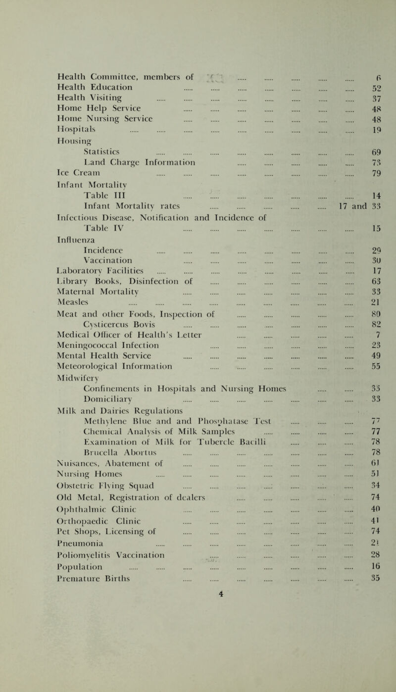 Health Committee, members of 6 Health Education 52 Health Visiting 37 Home Help Service 48 Home Nursing Service 48 Hospitals IQ Housing Statistics 69 Land Charge Information 73 Ice Cream 79 Infant Mortality Table III 14 Infant Mortality rates 17 and 33 Infectious Disease, Notification and Incidence of Table IV 15 Influenza Incidence 29 Vaccination 30 Laboratory Facilities 17 Library Books, Disinfection of 63 Maternal Mortality 33 Measles 21 Meat and other Foods, Inspection of 80 Cysticercus Bovis 82 Medical Officer of Health’s Letter 7 Meningococcal Infection 23 Mental Flealth Service 49 Meteorological Information 55 Midwifery Confinements in Hospitals and Nursing Homes 33 Domiciliary 33 Milk and Dairies Regulations Methylene Blue and and Phosphatase Test 77 Chemical Analysis of Milk Samples 77 Examination of Milk for Tubercle Bacilli 78 Brucella Abortus 78 Nuisances, Abatement of 6J Nursing Homes 5J Obstetric Flying Squad 34 Old Metal, Registration of dealers 74 Ophthalmic Clinic 40 Orthopaedic Clinic 41 Pet Shops, Licensing of 74 Pneumonia 2i Poliomyelitis Vaccination 28 Population 16 Premature Births 35