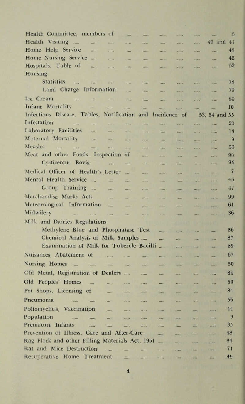 Health Committee, members of Health Visiting Home Help Service Home Nursing Service Hospitals, Table of Housing Statistics Land Charge Information Ice Cream Infant Mortality Infectious Disease, Tables, Notification and Incidence of 53, Infestation Laboratory Facilities Maternal Mortality Measles Meat and other Foods, Inspection of Cysticercus Bovis Medical Officer of Health’s Letter Mental Health Service Group Training Merchandise Marks Acts Meteorological Information Midwifery Milk and Dairies Regulations Methylene Blue and Phosphatase Test Chemical Analysis of Milk Samples Examination of Milk for Tubercle Bacilli Nuisances. Abatement of Nursing Homes Old Metal, Registration of Dealers Old Peoples’ Homes Pet Shops, Licensing of Pneumonia Poliomyelitis, Vaccination Population Premature Infants u Prevention of Illness, Care and After-Care Rag Flock and other Filling Materials Act, 1951 Rat and Mice Destruction Recuperative Home Treatment / 4 6 40 and 41 48 42 52 78 79 89 10 54 and 55 20 13 9 56 90 94 7 46 47 99 61 36 86 87 89 67 50 84 50 84 56 44 9 35 48 84 71 49