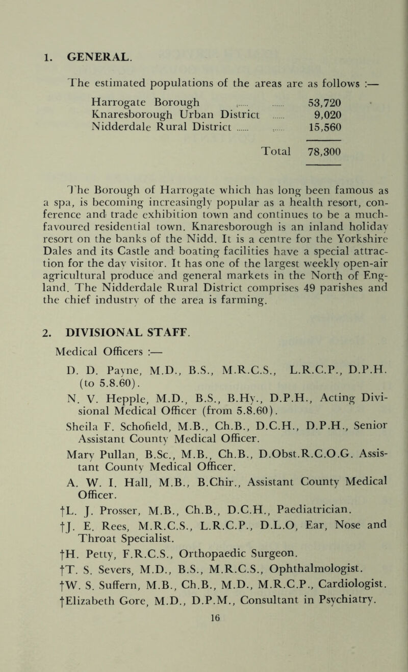 1. GENERAL The estimated populations of the areas are as follows :— Harrogate Borough 53,720 Knaresborough Urban District 9,020 Nidderdale Rural District 15,560 Total 78,300 The Borough of Harrogate which has long been famous as a spa, is becoming increasingly popular as a health resort, con- ference and trade exhibition town and continues to be a much- favoured residential town. Knaresborough is an inland holiday resort on the banks of the Nidd. It is a centre for the Yorkshire Dales and its Castle and boating facilities have a special attrac- tion for the day visitor. It has one of the largest weekly open-air agricultural produce and general markets in the North of Eng- land. The Nidderdale Rural District comprises 49 parishes and the chief industry of the area is farming. 2. DIVISIONAL STAFF Medical Officers :— D. D. Payne, M.D., B.S., M.R.C.S., L.R.C.P., D.P.H. (to 5.8.60). N. V. Hepple, M.D., B.S., B.Hy., D.P.H., Acting Divi- sional Medical Officer (from 5.8.60). Sheila F. Schofield, M.B., Ch.B., D.C.H., D.P.H., Senior Assistant County Medical Officer. Mary Pullan, B.Sc., M.B., Ch.B., D.Obst.R.C.O.G. Assis- tant County Medical Officer. A. W. I. Hall, M.B., B.Chir., Assistant County Medical Officer. j-L. J. Prosser, M.B., Ch.B., D.C.H., Paediatrician. |J. E. Rees, M.R.C.S., L.R.C.P., D.L.O, Ear, Nose and Throat Specialist. fH. Petty, F.R.C.S., Orthopaedic Surgeon. fT. S. Severs, M.D., B.S., M.R.C.S., Ophthalmologist. fW. S. Suffern, M.B., Ch.B., M.D., M.R.C.P., Cardiologist. j-Elizabeth Gore, M.D., D.P.M., Consultant in Psychiatry.
