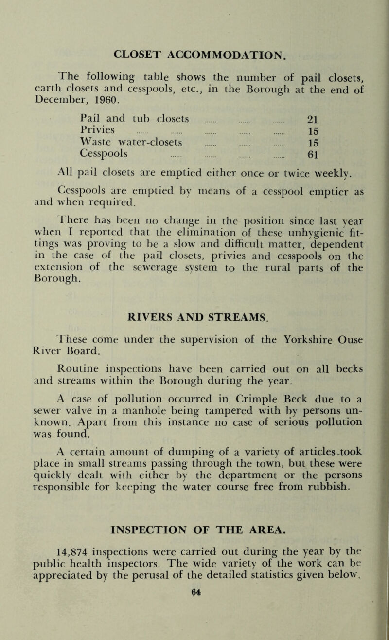 CLOSET ACCOMMODATION. The following table shows the number of pail closets, earth closets and cesspools, etc., in the Borough at the end of December, 1960. Pail and tub closets 21 Privies 15 Waste water-closets 15 Cesspools 61 All pail closets are emptied either once or twice weekly. Cesspools are emptied by means of a cesspool emptier as and when required. There has been no change in the position since last year when I reported that the elimination of these unhygienic fit- tings was proving to be a slow and difficult matter, dependent in the case of the pail closets, privies and cesspools on the extension of the sewerage system to the rural parts of the Borough. RIVERS AND STREAMS. These come under the supervision of the Yorkshire Ouse River Board. Routine inspections have been carried out on all becks and streams within the Borough during the year. A case of pollution occurred in Crimple Beck due to a sewer valve in a manhole being tampered with by persons un- known. Apart from this instance no case of serious pollution was found. A certain amount of dumping of a variety of articles took place in small streams passing through the town, but these were quickly dealt with either by the department or the persons responsible for keeping the water course free from rubbish. INSPECTION OF THE AREA. 14,874 inspections were carried out during the year by the public health inspectors. The wide variety of the work can be appreciated by the perusal of the detailed statistics given below,