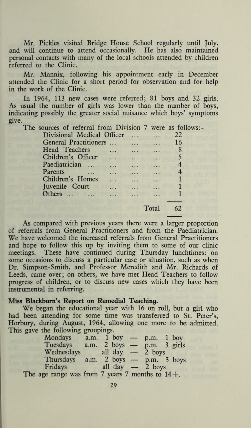 Mr. Pickles visited Bridge House School regularly until July, and will continue to attend occasionally. He has also maintained personal contacts with many of the local schools attended by children referred to the Clinic. Mr. Mannix, following his appointment early in December attended the Clinic for a short period for observation and for help in the work of the Clinic. In 1964, 113 new cases were referred; 81 boys and 32 girls. As usual the number of girls was lower than the number of boys, indicating possibly the greater social nuisance which boys’ symptoms give. The sources of referral from Division Divisional Medical Officer General Practitioners Head Teachers Children’s Officer Paediatrician ... Parents Children’s Homes Juvenile Court Others 7 were as follows: 22 16 8 5 4 4 1 1 1 Total 62 As compared with previous years there were a larger proportion of referrals from General Practitioners and from the Paediatrician. We have welcomed the increased referrals from General Practitioners and hope to follow this up by inviting them to some of our clinic meetings. These have continued during Thursday lunchtimes: on some occasions to discuss a particular case or situation, such as when Dr. Simpson-Smith, and Professor Meredith and Mr. Richards of Leeds, came over; on others, we have met Head Teachers to follow progress of children, or to discuss new cases which they have been instrumental in referring. Miss Blackburn’s Report on Remedial Teaching. We began the educational year with 16 on roll, but a girl who had been attending for some time was transferred to St. Peter’s, Horbury, during August, 1964, allowing one more to be admitted. This gave the following groupings. boy girls boys The age range was from 7 years 7 months to 14-f. Mondays a.m. 1 boy — p.m. 1 Tuesdays a.m. 2 boys — p.m. 3 Wednesdays all day — 2 boys Thursdays a.m. 2 boys — p.m. 3 Fridays all day — 2 boys