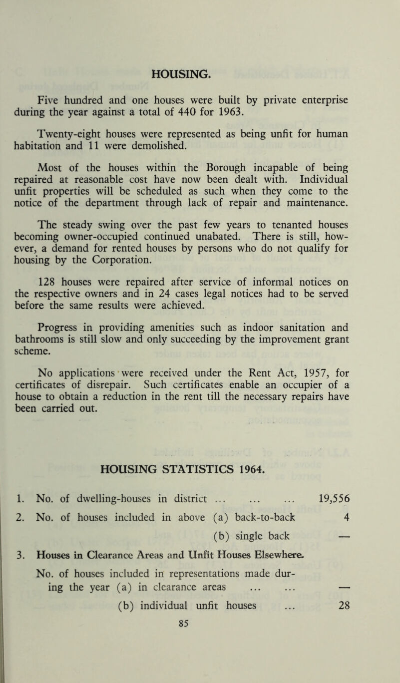 HOUSING* Five hundred and one houses were built by private enterprise during the year against a total of 440 for 1963. Twenty-eight houses were represented as being unfit for human habitation and 11 were demolished. Most of the houses within the Borough incapable of being repaired at reasonable cost have now been dealt with. Individual unfit properties will be scheduled as such when they come to the notice of the department through lack of repair and maintenance. The steady swing over the past few years to tenanted houses becoming owner-occupied continued unabated. There is still, how- ever, a demand for rented houses by persons who do not qualify for housing by the Corporation. 128 houses were repaired after service of informal notices on the respective owners and in 24 cases legal notices had to be served before the same results were achieved. Progress in providing amenities such as indoor sanitation and bathrooms is still slow and only succeeding by the improvement grant scheme. No applications were received under the Rent Act, 1957, for certificates of disrepair. Such certificates enable an occupier of a house to obtain a reduction in the rent till the necessary repairs have been carried out. HOUSING STATISTICS 1964* 1. No. of dwelling-houses in district ... ... ... 19,556 2. No. of houses included in above (a) back-to-back 4 (b) single back — 3. Houses in Clearance Areas and Unfit Houses Elsewhere* No. of houses included in representations made dur- ing the year (a) in clearance areas — (b) individual unfit houses ... 28