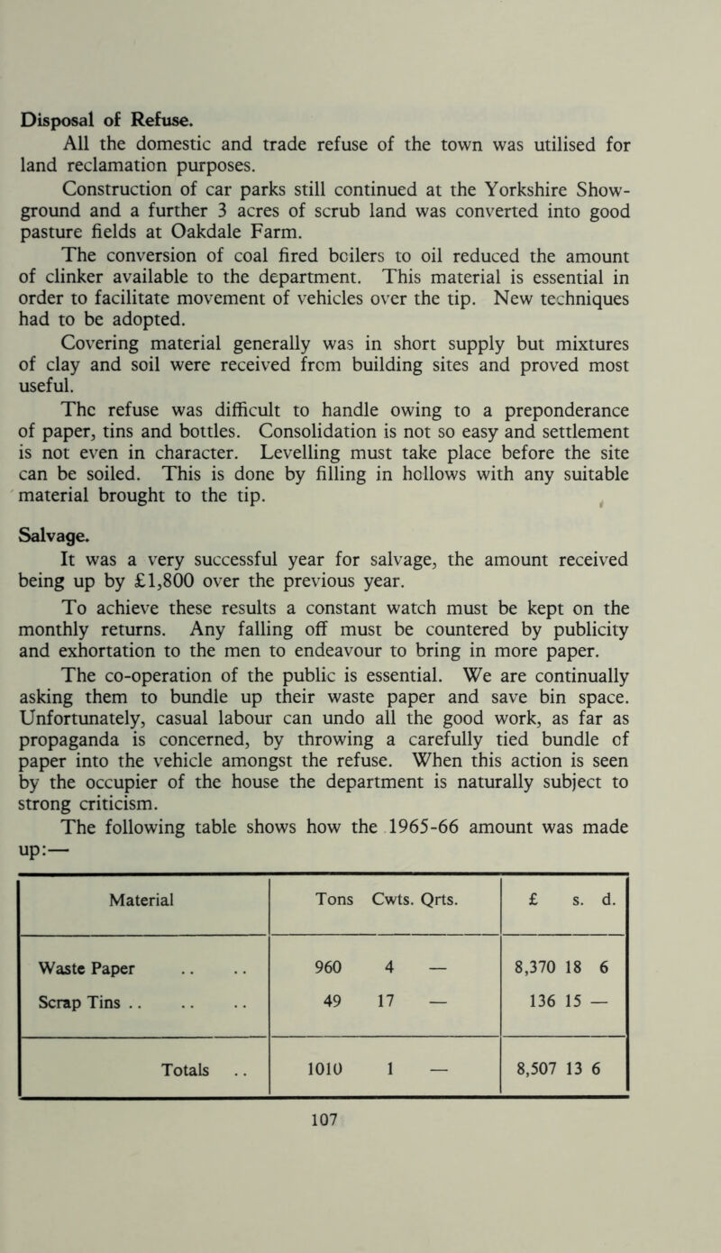 Disposal of Refuse. All the domestic and trade refuse of the town was utilised for land reclamation purposes. Construction of car parks still continued at the Yorkshire Show- ground and a further 3 acres of scrub land was converted into good pasture fields at Oakdale Farm. The conversion of coal fired boilers to oil reduced the amount of clinker available to the department. This material is essential in order to facilitate movement of vehicles over the tip. New techniques had to be adopted. Covering material generally was in short supply but mixtures of clay and soil were received from building sites and proved most useful. The refuse was difficult to handle owing to a preponderance of paper, tins and bottles. Consolidation is not so easy and settlement is not even in character. Levelling must take place before the site can be soiled. This is done by filling in hollows with any suitable material brought to the tip. Salvage. It was a very successful year for salvage, the amount received being up by £1,800 over the previous year. To achieve these results a constant watch must be kept on the monthly returns. Any falling off must be countered by publicity and exhortation to the men to endeavour to bring in more paper. The co-operation of the public is essential. We are continually asking them to bundle up their waste paper and save bin space. Unfortunately, casual labour can undo all the good work, as far as propaganda is concerned, by throwing a carefully tied bundle of paper into the vehicle amongst the refuse. When this action is seen by the occupier of the house the department is naturally subject to strong criticism. The following table shows how the 1965-66 amount was made up:— Material Tons Cwts. Qrts. £ s. d. Waste Paper 960 4 — 8,370 18 6 Scrap Tins .. 49 17 — 136 15 — Totals 1010 > - 8,507 13 6