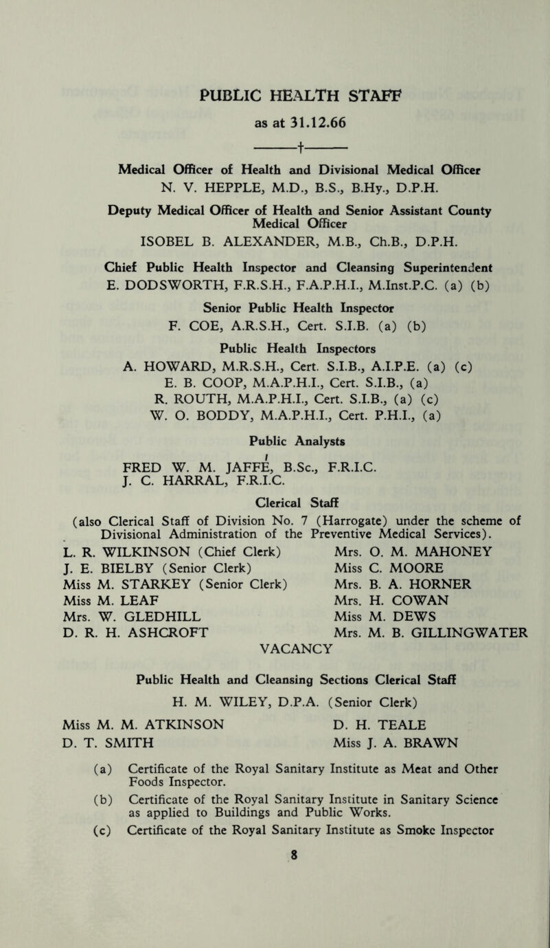 PUBLIC HEALTH STAFF as at 31.12.66 1 Medical Officer of Health and Divisional Medical Officer N. V. HEPPLE, M.D., B.S., B.Hy., D.P.H. Deputy Medical Officer of Health and Senior Assistant County Medical Officer ISOBEL B. ALEXANDER, M.B., Ch.B., D.P.H. Chief Public Health Inspector and Cleansing Superintendent E. DODSWORTH, F.R.S.H., F.A.P.H.I., M.Inst.P.C. (a) (b) Senior Public Health Inspector F. COE, A.R.S.H., Cert. S.I.B. (a) (b) Public Health Inspectors A. HOWARD, M.R.S.H., Cert. S.I.B., A.I.P.E. (a) (c) E. B. COOP, M.A.P.H.I., Cert. S.I.B., (a) R. ROUTH, M.A.P.H.I., Cert. S.I.B., (a) (c) W. O. BODDY, M.A.P.H.I., Cert. P.H.I., (a) Public Analysts / FRED W. M. JAFFE, B.Sc., F.R.I.C. J. C. HARRAL, F.R.I.C. Clerical Staff (also Clerical Staff of Division No. 7 Divisional Administration of the L. R. WILKINSON (Chief Clerk) J. E. BIELBY (Senior Clerk) Miss M. STARKEY (Senior Clerk) Miss M. LEAF Mrs. W. GLEDHILL D. R. H. ASHCROFT (Harrogate) under the scheme of Preventive Medical Services). Mrs. O. M. MAHONEY Miss C. MOORE Mrs. B. A. HORNER Mrs. H. COWAN Miss M. DEWS Mrs. M. B. GILLINGWATER VACANCY Public Health and Cleansing Sections Clerical Staff H. M. WILEY, D.P.A. (Senior Clerk) Miss M. M. ATKINSON D. H. TEALE D. T. SMITH Miss J. A. BRAWN (a) Certificate of the Royal Sanitary Institute as Meat and Other Foods Inspector. (b) Certificate of the Royal Sanitary Institute in Sanitary Science as applied to Buildings and Public Works. (c) Certificate of the Royal Sanitary Institute as Smoke Inspector