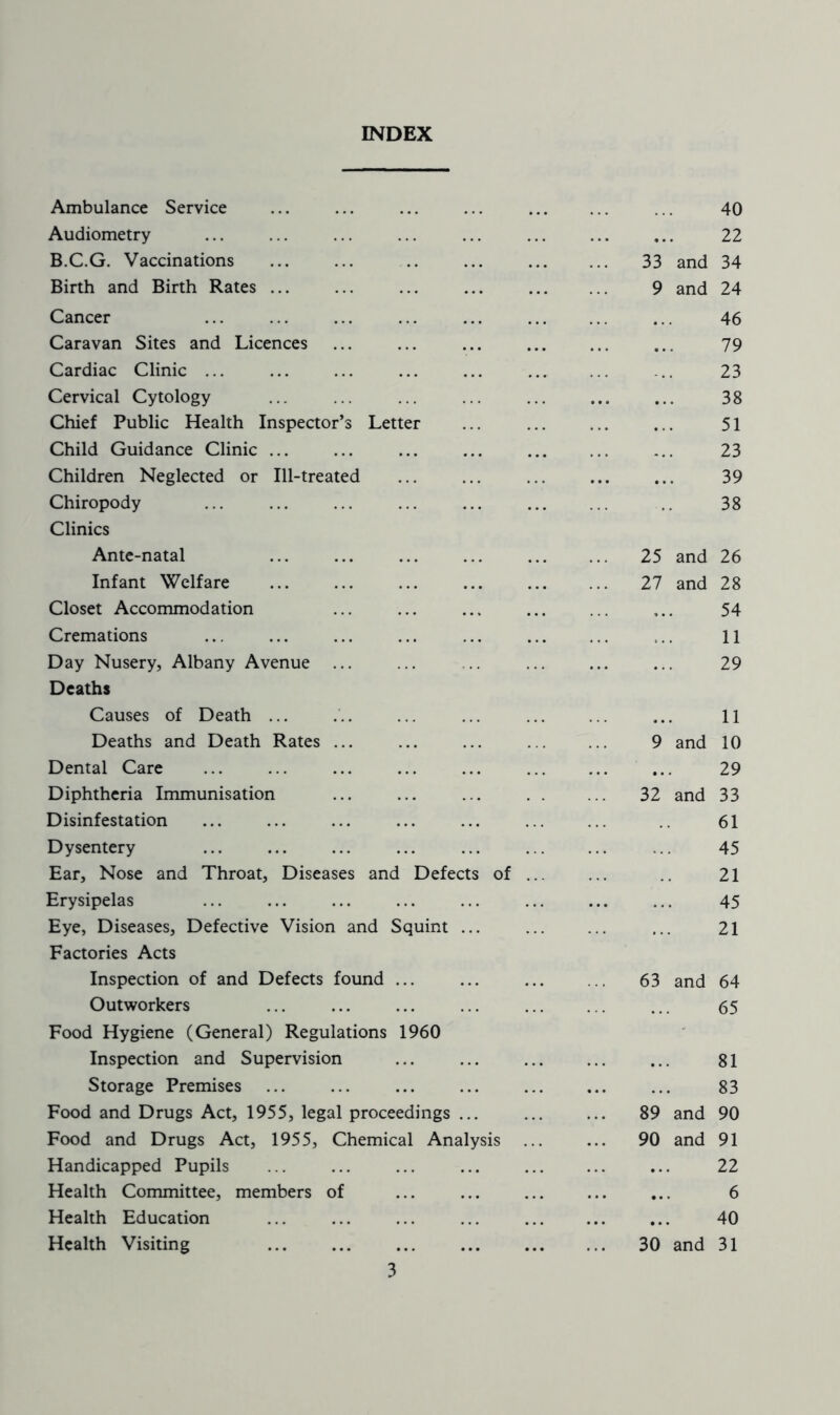 INDEX Ambulance Service 40 Audiometry ... .. 22 B.C.G. Vaccinations ... 33 and 34 Birth and Birth Rates ... 9 and 24 Cancer 46 Caravan Sites and Licences ... ... 79 Cardiac Clinic ... 23 Cervical Cytology 38 Chief Public Health Inspector’s Letter 51 Child Guidance Clinic ... 23 Children Neglected or Ill-treated 39 Chiropody Clinics 38 Ante-natal ... 25 and 26 Infant Welfare ... 27 and 28 Closet Accommodation ... ,, 54 Cremations 11 Day Nusery, Albany Avenue ... Deaths 29 Causes of Death ... ... ,, 11 Deaths and Death Rates ... 9 and 10 Dental Care ... .. 29 Diphtheria Immunisation ... 32 and 33 Disinfestation 61 Dysentery 45 Ear, Nose and Throat, Diseases and Defects of ... 21 Erysipelas 45 Eye, Diseases, Defective Vision and Squint Factories Acts 21 Inspection of and Defects found ... ... 63 and 64 Outworkers Food Hygiene (General) Regulations 1960 •• 65 Inspection and Supervision 81 Storage Premises 83 Food and Drugs Act, 1955, legal proceedings ... 89 and 90 Food and Drugs Act, 1955, Chemical Analysis ... ... 90 and 91 Handicapped Pupils ... ... 22 Health Committee, members of ... .. 6 Health Education ... ... 40 Health Visiting ... 30 and 31