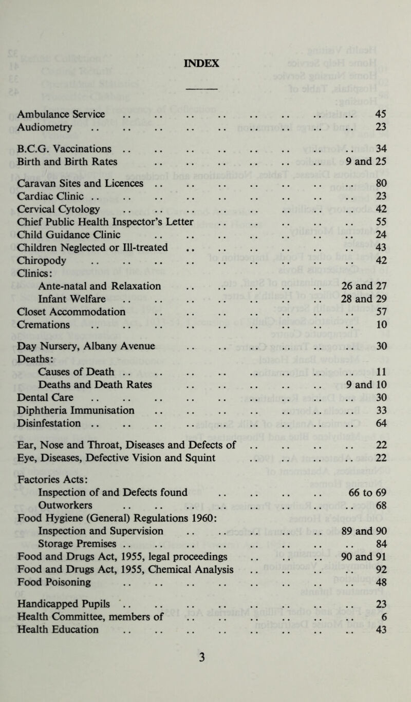 INDEX Ambulance Service 45 Audiometry .. .. .. .. .. .. .. .. .. 23 B.C.G. Vaccinations .. .. .. .. .. 34 Birth and Birth Rates 9 and 25 Caravan Sites and Licences 80 Cardiac Clinic 23 Cervical Cytology 42 Chief Public Health Inspector’s Letter 55 Child Guidance Clinic 24 Children Neglected or Ill-treated 43 Chiropody .. .. .. .. .. .. .. .. 42 Clinics: Ante-natal and Relaxation .. .. .. .. 26 and 27 Infant Welfare 28 and 29 Closet Accommodation .. .. .. .. .. .. 57 Cremations .. .. .. .. .. .. .. .. .. 10 Day Nursery, Albany Avenue 30 Deaths: Causes of Death 11 Deaths and Death Rates 9 and 10 Dental Care 30 Diphtheria Immunisation 33 Disinfestation .. .. .. .. .. .. .. 64 Ear, Nose and Throat, Diseases and Defects of 22 Eye, Diseases, Defective Vision and Squint .. .. .. 22 Factories Acts: Inspection of and Defects found 66 to 69 Outworkers 68 Food Hygiene (General) Regulations 1960: Inspection and Supervision .. .. .. .. .. 89 and 90 Storage Premises .. .. .. .. .. .. .. 84 Food and Drugs Act, 1955, legal proceedings 90 and 91 Food and Drugs Act, 1955, Chemical Analysis 92 Food Poisoning 48 Handicapped Pupils .. .. 23 Health Committee, members of .. .. .. .. .. .. 6 Health Education 43