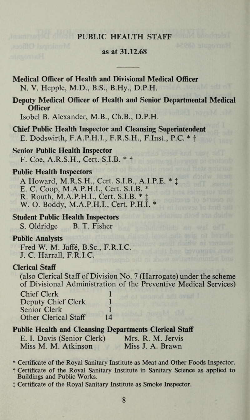 PUBLIC HEALTH STAFF as at 31.12.68 Medical Officer of Health and Divisional Medical Officer N. Y. Hepple, M.D., B.S., B.Hy., D.P.H. Deputy Medical Officer of Health and Senior Departmental Medical Officer Isobel B. Alexander, M.B., Ch.B., D.P.H. Chief Public Health Inspector and Cleansing Superintendent E. Dodswirth, F.A.P.H.I., F.R.S.H., F.Inst., P.C. * j Senior Public Health Inspector F. Coe, A.R.S.H., Cert. S.I.B. * f Public Health Inspectors A Howard, M.R.S.H., Cert. S.I.B., A.I.P.E. * J E. C. Coop, M.A.P.H.I., Cert. S.I.B. * R. Routh, M.A.P.H.I., Cert. S.I.B. * J W. O. Boddy, M.A.P.H.I., Cert. P.H.I. * Student Public Health Inspectors S. Oldridge B. T. Fisher Public Analysts Fred W. M. Jaffe, B.Sc., F.R.I.C. J. C. Harrall, F.R.I.C. Clerical Staff (also Clerical Staff of Division No. 7 (Harrogate) under the scheme of Divisional Administration of the Preventive Medical Services) Chief Clerk 1 Deputy Chief Clerk 1 Senior Clerk 1 Other Clerical Staff 14 Public Health and Cleansing Departments Clerical Staff E. I. Davis (Senior Clerk) Mrs. R. M. Jervis Miss M. M. Atkinson Miss J. A. Brawn * Certificate of the Royal Sanitary Institute as Meat and Other Foods Inspector, t Certificate of the Royal Sanitary Institute in Sanitary Science as applied to Buildings and Public Works. t Certificate of the Royal Sanitary Institute as Smoke Inspector.