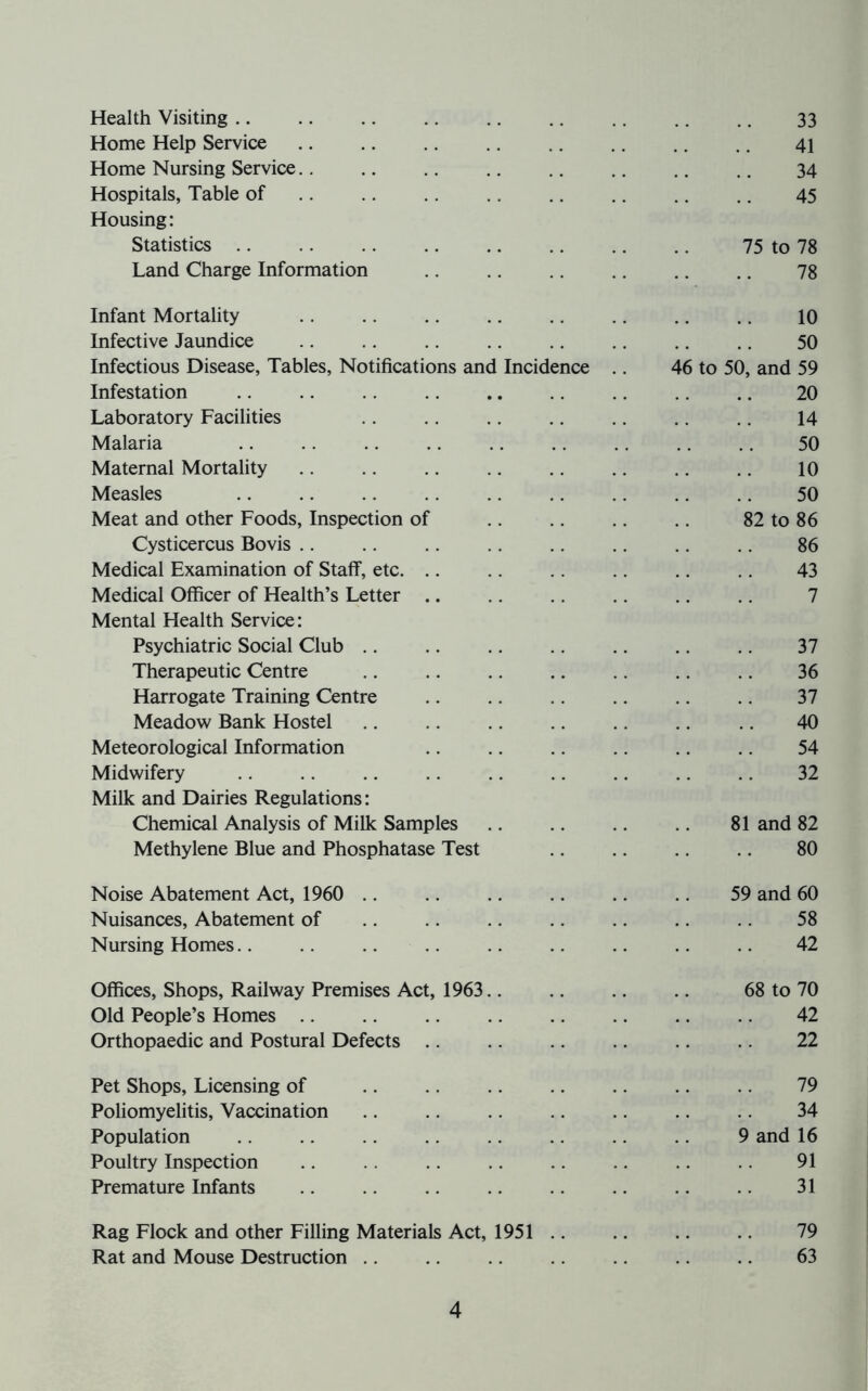 Health Visiting 33 Home Help Service 41 Home Nursing Service.. .. .. .. .. .. .. .. 34 Hospitals, Table of 45 Housing: Statistics 75 to 78 Land Charge Information .. .. .. .. .. 78 Infant Mortality 10 Infective Jaundice .. .. .. .. .. .. .. .. 50 Infectious Disease, Tables, Notifications and Incidence .. 46 to 50, and 59 Infestation .. .. .. .. .. .. .. .. .. 20 Laboratory Facilities .. 14 Malaria .. .. .. .. .. .. .. .. .. 50 Maternal Mortality 10 Measles .. .. .. .. .. .. .. .. 50 Meat and other Foods, Inspection of .. .. .. 82 to 86 Cysticercus Bovis .. .. .. .. .. .. .. .. 86 Medical Examination of Staff, etc 43 Medical Officer of Health’s Letter 7 Mental Health Service: Psychiatric Social Club 37 Therapeutic Centre .. .. .. .. .. .. 36 Harrogate Training Centre .. .. .. .. 37 Meadow Bank Hostel .. .. .. .. 40 Meteorological Information .. .. .. .. .. 54 Midwifery 32 Milk and Dairies Regulations: Chemical Analysis of Milk Samples 81 and 82 Methylene Blue and Phosphatase Test 80 Noise Abatement Act, 1960 59 and 60 Nuisances, Abatement of .. .. .. .. .. .. .. 58 Nursing Homes.. .. .. .. .. .. .. .. .. 42 Offices, Shops, Railway Premises Act, 1963 68 to 70 Old People’s Homes 42 Orthopaedic and Postural Defects 22 Pet Shops, Licensing of 79 Poliomyelitis, Vaccination .. .. .. .. .. .. 34 Population 9 and 16 Poultry Inspection .. .. .. .. .. .. 91 Premature Infants .. .. .. .. .. 31 Rag Flock and other Filling Materials Act, 1951 79 Rat and Mouse Destruction .. .. 63
