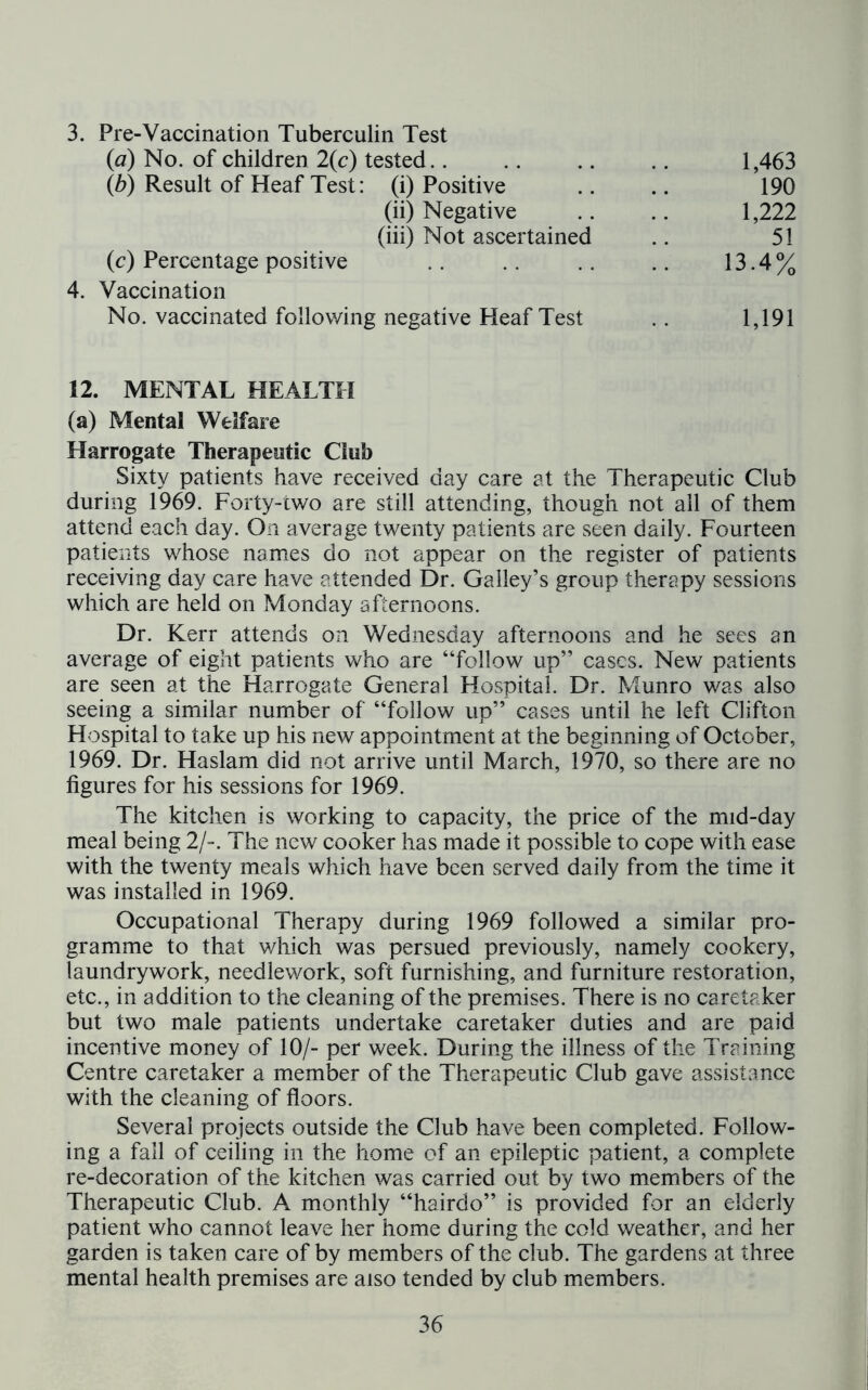 3. Pre-Vaccination Tuberculin Test (a) No. of children 2(c) tested.. (b) Result of Heaf Test: (i) Positive 1,463 190 1,222 (ii) Negative (iii) Not ascertained 51 (c) Percentage positive 4. Vaccination No. vaccinated following negative Heaf Test 13.4% 1,191 12. MENTAL HEALTH (a) Mental Welfare Harrogate Therapeutic Club Sixty patients have received day care at the Therapeutic Club during 1969. Forty-two are still attending, though not all of them attend each day. On average twenty patients are seen daily. Fourteen patients whose names do not appear on the register of patients receiving day care have attended Dr. Galley’s group therapy sessions which are held on Monday afternoons. Dr. Kerr attends on Wednesday afternoons and he sees an average of eight patients who are “follow up” cases. New patients are seen at the Harrogate General Hospital. Dr. Munro was also seeing a similar number of “follow up” cases until he left Clifton Hospital to take up his new appointment at the beginning of October, 1969. Dr. Haslam did not arrive until March, 1970, so there are no figures for his sessions for 1969. The kitchen is working to capacity, the price of the mid-day meal being 2/-. The new cooker has made it possible to cope with ease with the twenty meals which have been served daily from the time it was installed in 1969. Occupational Therapy during 1969 followed a similar pro- gramme to that which was persued previously, namely cookery, laundrywork, needlework, soft furnishing, and furniture restoration, etc., in addition to the cleaning of the premises. There is no caretaker but two male patients undertake caretaker duties and are paid incentive money of 10/- per week. During the illness of the Training Centre caretaker a member of the Therapeutic Club gave assistance with the cleaning of floors. Several projects outside the Club have been completed. Follow- ing a fall of ceiling in the home of an epileptic patient, a complete re-decoration of the kitchen was carried out by two members of the Therapeutic Club. A monthly “hairdo” is provided for an elderly patient who cannot leave her home during the cold weather, and her garden is taken care of by members of the club. The gardens at three mental health premises are also tended by club members.