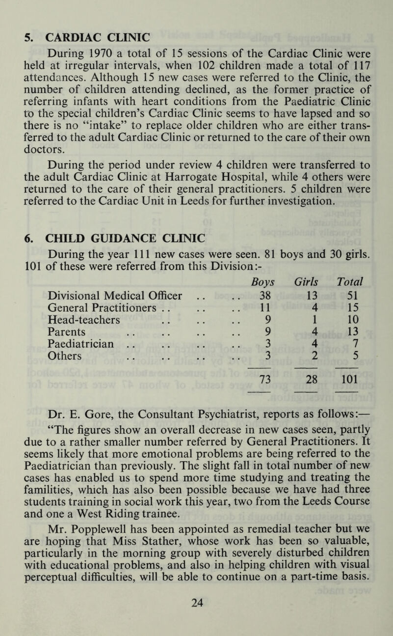 5. CARDIAC CLINIC During 1970 a total of 15 sessions of the Cardiac Clinic were held at irregular intervals, when 102 children made a total of 117 attendances. Although 15 new cases were referred to the Clinic, the number of children attending declined, as the former practice of referring infants with heart conditions from the Paediatric Clinic to the special children’s Cardiac Clinic seems to have lapsed and so there is no “intake” to replace older children who are either trans- ferred to the adult Cardiac Clinic or returned to the care of their own doctors. During the period under review 4 children were transferred to the adult Cardiac Clinic at Harrogate Hospital, while 4 others were returned to the care of their general practitioners. 5 children were referred to the Cardiac Unit in Leeds for further investigation. 6. CHILD GUIDANCE CLINIC During the year 111 new cases were seen. 81 boys and 30 girls. 101 of these were referred from this Division Boys Girls Total Divisional Medical Officer .. 38 13 51 General Practitioners 11 4 15 Head-teachers 9 1 10 Parents 9 4 13 Paediatrician 3 4 7 Others 3 2 5 73 28 101 Dr. E. Gore, the Consultant Psychiatrist, reports as follows:— “The figures show an overall decrease in new cases seen, partly due to a rather smaller number referred by General Practitioners. It seems likely that more emotional problems are being referred to the Paediatrician than previously. The slight fall in total number of new cases has enabled us to spend more time studying and treating the familities, which has also been possible because we have had three students training in social work this year, two from the Leeds Course and one a West Riding trainee. Mr. Popplewell has been appointed as remedial teacher but we are hoping that Miss Stather, whose work has been so valuable, particularly in the morning group with severely disturbed children with educational problems, and also in helping children with visual perceptual difficulties, will be able to continue on a part-time basis.