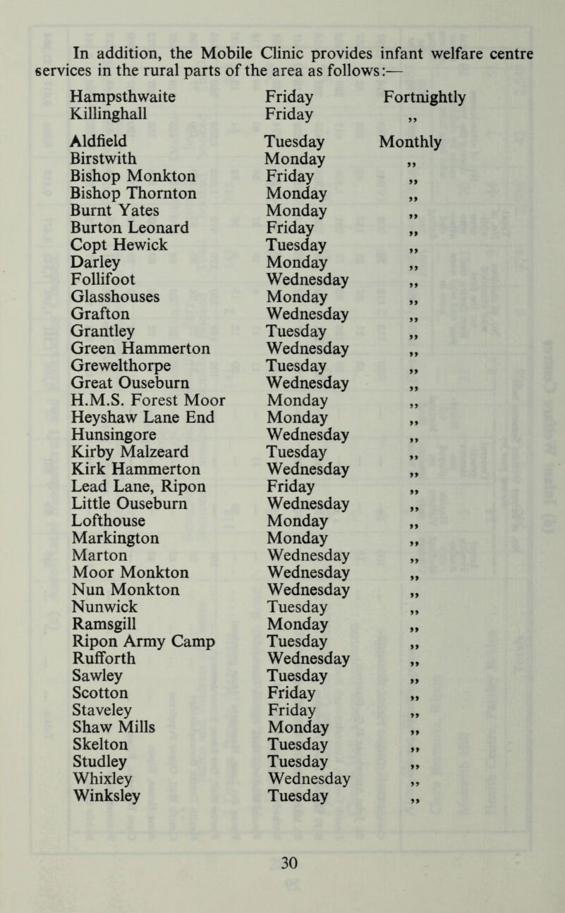 In addition, the Mobile Clinic provides infant welfare centre services in the rural parts of the area as follows:— Hampsthwaite Friday Fortnightly Killinghall Friday >» Aldfield Tuesday Monthly Birstwith Monday >» Bishop Monkton Friday »» Bishop Thornton Monday »> Burnt Yates Monday >> Burton Leonard Friday >» Copt Hewick Tuesday »» Darley Monday >> Follifoot Wednesday >» Glasshouses Monday »» Grafton Wednesday »» Grantley Tuesday »» Green Hammerton Wednesday » Grewelthorpe Tuesday >> Great Ouseburn Wednesday >» H.M.S. Forest Moor Monday Heyshaw Lane End Monday >» Hunsingore Wednesday »» Kirby Malzeard Tuesday »» Kirk Hammerton Wednesday »» Lead Lane, Ripon Friday »» Little Ouseburn Wednesday »> Lofthouse Monday >> Markington Monday »» Marton Wednesday >> Moor Monkton Wednesday »» Nun Monkton Wednesday »> Nunwick Tuesday »» Ramsgill Monday »» Ripon Army Camp Tuesday >» Rufforth Wednesday »» Sawley Tuesday >» Scotton Friday » Staveley Friday >> Shaw Mills Monday »* Skelton Tuesday »» Studley Tuesday »> Whixley Wednesday »> Winksley Tuesday »>