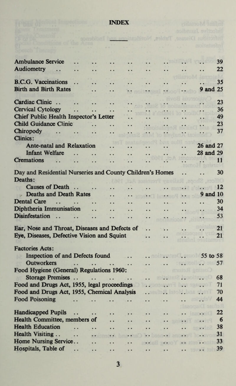 INDEX Ambulance Service 39 Audiometry 22 B.C.G. Vaccinations 35 Birth and Birth Rates 9 and 25 Cardiac Clinic 23 Cervical Cytology 36 Chief Public Health Inspector’s Letter 49 Child Guidance Clinic 23 Chiropody Clinics: 37 Ante-natal and Relaxation 26 and 27 Infant Welfare 28 and 29 Cremations 11 Day and Residential Nurseries and County Children’s Homes Deaths: 30 Causes of Death 12 Deaths and Death Rates 9 and 10 Dental Care 30 Diphtheria Immunisation 34 Disinfestation 53 Ear, Nose and Throat, Diseases and Defects of 21 Eye, Diseases, Defective Vision and Squint 21 Factories Acts: Inspection of and Defects found 55 to 58 Outworkers 57 Food Hygiene (General) Regulations 1960: Storage Premises 68 Food and Drugs Act, 1955, legal proceedings 71 Food and Drugs Act, 1955, Chemical Analysis 70 Food Poisoning .. .. .. .. 44 Handicapped Pupils 22 Health Committee, members of 6 Health Education 38 Health Visiting 31 Home Nursing Service.. .. .. .. .. 33 Hospitals, Table of 39