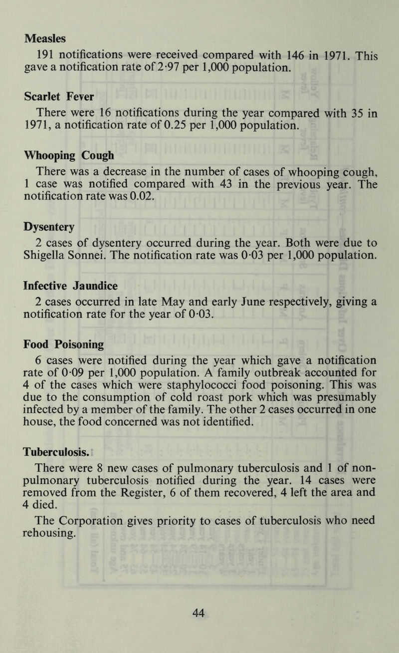 Measles 191 notifications were received compared with 146 in 1971. This gave a notification rate of 2-97 per 1,000 population. Scarlet Fever There were 16 notifications during the year compared with 35 in 1971, a notification rate of 0.25 per 1,000 population. Whooping Cough There was a decrease in the number of cases of whooping cough, 1 case was notified compared with 43 in the previous year. The notification rate was 0.02. Dysentery 2 cases of dysentery occurred during the year. Both were due to Shigella Sonnei. The notification rate was 0*03 per 1,000 population. Infective Jaundice 2 cases occurred in late May and early June respectively, giving a notification rate for the year of 0*03. Food Poisoning 6 cases were notified during the year which gave a notification rate of 0-09 per 1,000 population. A family outbreak accounted for 4 of the cases which were staphylococci food poisoning. This was due to the consumption of cold roast pork which was presumably infected by a member of the family. The other 2 cases occurred in one house, the food concerned was not identified. Tuberculosis. There were 8 new cases of pulmonary tuberculosis and 1 of non- pulmonary tuberculosis notified during the year. 14 cases were removed from the Register, 6 of them recovered, 4 left the area and 4 died. The Corporation gives priority to cases of tuberculosis who need rehousing.