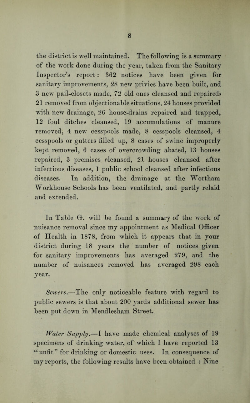 the district is well maintained. The following is a summary of the work done during the year, taken from the Sanitary Inspector’s report: 362 notices have been given for sanitary improvements, 28 new privies have been built, and 3 new pail-closets made, 72 old ones cleansed and repaired* 21 removed from objectionable situations, 24 houses provided with new drainage, 26 house-drains repaired and trapped, 12 foul ditches cleansed, 19 accumulations of manure removed, 4 new cesspools made, 8 cesspools cleansed, 4 cesspools or gutters filled up, 8 cases of swine improperly kept removed, 6 cases of overcrowding abated, 13 houses repaired, 3 premises cleansed, 21 houses cleansed after infectious diseases, 1 public school cleansed after infectious diseases. In addition, the drainage at the Wortham Workhouse Schools has been ventilated, and partly relaid and extended. In Table Gr. will be found a summary of the work of nuisance removal since my appointment as Medical Officer of Health in 1878, from which it appears that in your district during 18 years the number of notices given for sanitary improvements has averaged 279, and the number of nuisances removed has averaged 298 each year. Sewers.—The only noticeable feature with regard to public sewers is that about 200 yards additional sewer has been put down in Mendlesham Street. Water Supply.—I have made chemical analyses of 19 specimens of drinking water, of which I have reported 13 “unfit” for drinking or domestic uses. In consequence of my reports, the following results have been obtained : Nine