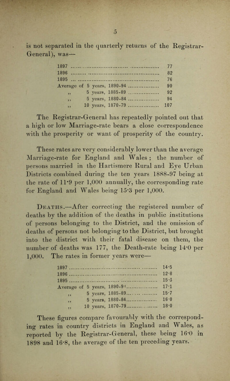 D is not separated in the quarterly returns of the Registrar- General), was— 1897 77 1896 82 1895 76 Average of 5 years, 1890-94 90 ,, 5 years, 1885-89 92 ,, 5 years, 1880-84 94 „ 10 years, 1870-79 107 The Registrar-General has repeatedly pointed out that a high or low Marriage-rate bears a close correspondence with the prosperity or want of prosperity of the country. These rates are very considerably lower than the average Marriage-rate for England and Wales ; the number of persons married in the Hartismere Rural and Eye Urban Districts combined during the ten years 1888-97 being at the rate of 11*9 per 1,000 annually, the corresponding rate for England and Wales being 15*3 per 1,000. Deaths.—After correcting the registered number of deaths by the addition of the deaths in public institutions of persons belonging to the District, and the omission of deaths of persons not belonging to the District, but brought into the district with their fatal disease on them, the number of deaths was 177, the Death-rate being 14‘0 per 1,000. The rates in former years were— 1897 14-5 1896 12-8 1895 15-3 Average of 5 years, 1890-94 17T ,, 5 years, 1885-89 15*7 ,, 5 years, 1880-84 16 0 „ 10 years, 1870-79 18-0 These figures compare favourably with the correspond- ing rates in country districts in England and Wales, as reported by the Registrar-General, these being 16-0 in 1898 and 16*8, the average of the ten preceding years.