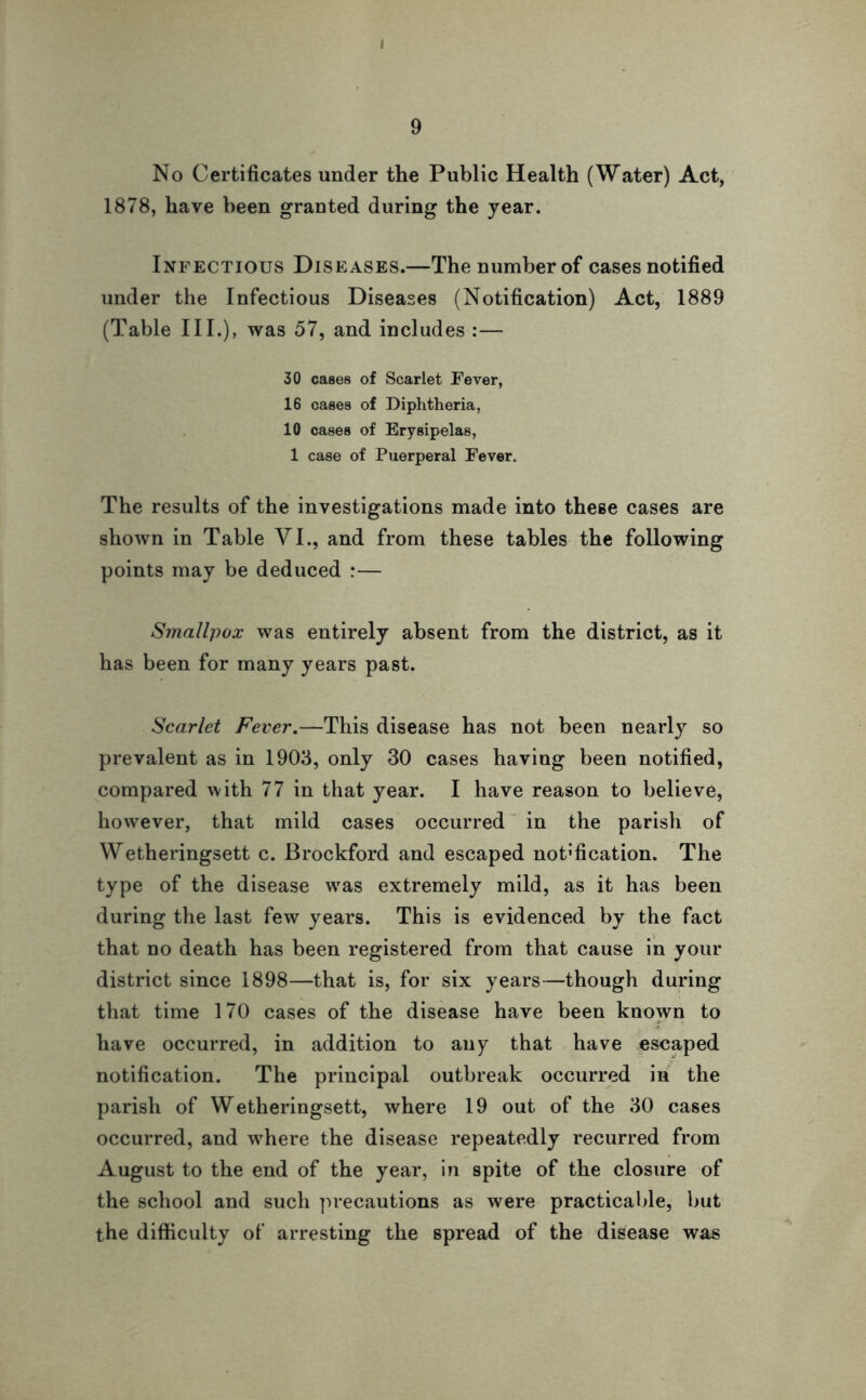 I 9 No Certificates under the Public Health (Water) Act, 1878, have been granted during the year. Infectious Diseases.—The number of cases notified under the Infectious Diseases (Notification) Act, 1889 (Table III.), was 57, and includes :— 30 cases of Scarlet Fever, 16 cases of Diphtheria, 10 cases of Erysipelas, 1 case of Puerperal Fever. The results of the investigations made into these cases are shown in Table VI., and from these tables the following points may be deduced :— Smallpox was entirely absent from the district, as it has been for many years past. Scarlet Fever.—This disease has not been nearly so prevalent as in 1903, only 30 cases having been notified, compared with 77 in that year. I have reason to believe, however, that mild cases occurred in the parish of Wetheringsett c. Brockford and escaped notification. The type of the disease wras extremely mild, as it has been during the last few years. This is evidenced by the fact that no death has been registered from that cause in your district since 1898—that is, for six years—though during that time 170 cases of the disease have been known to have occurred, in addition to any that have escaped notification. The principal outbreak occurred in the parish of Wetheringsett, where 19 out of the 30 cases occurred, and wrhere the disease repeatedly recurred from August to the end of the year, in spite of the closure of the school and such precautions as were practicable, but the difficulty of arresting the spread of the disease was