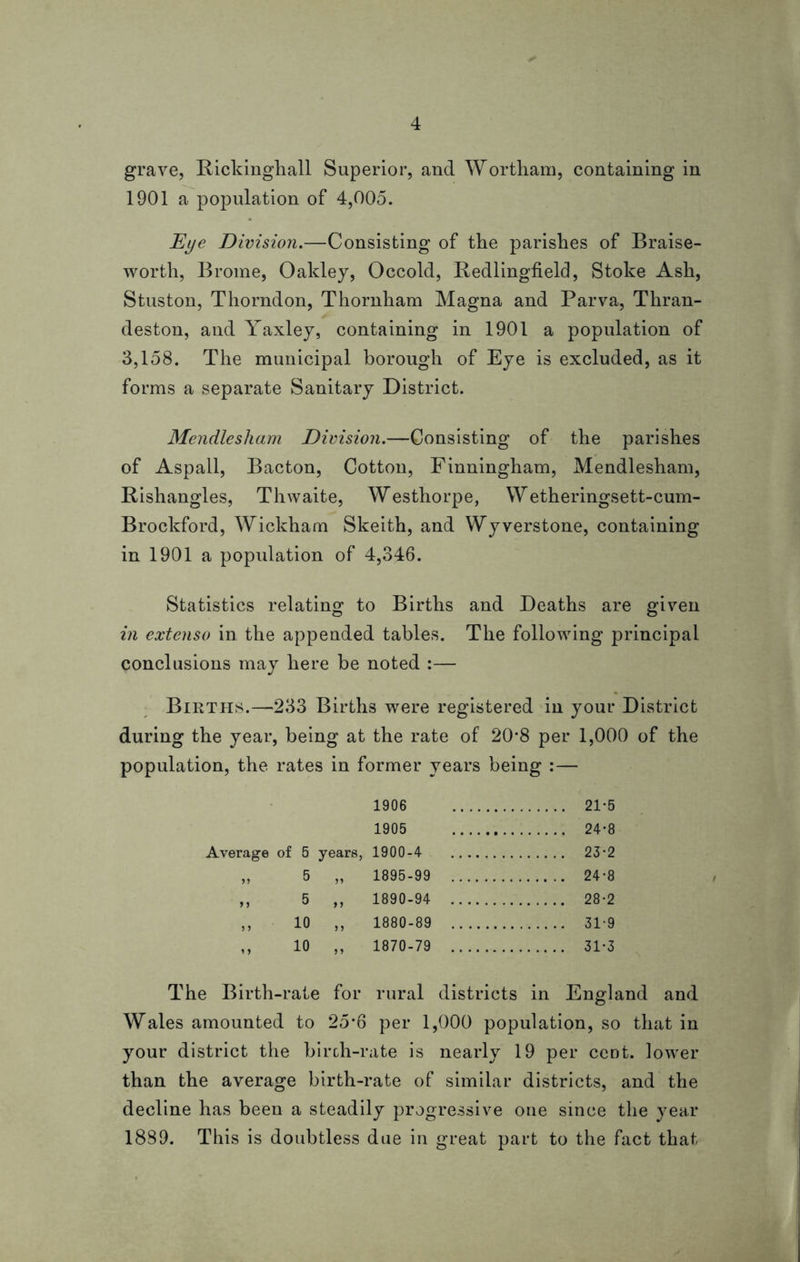 grave, Rickinghall Superior, and Wortham, containing in 1901 a population of 4,005. Eye Division.—Consisting of the parishes of Braise- worth, Brome, Oakley, Occold, Redlingfield, Stoke Ash, Stuston, Thorndon, Thornham Magna and Parva, Thran- deston, and Yaxley, containing in 1901 a population of 3,158. The municipal borough of Eye is excluded, as it forms a separate Sanitary District. Mendlesham Division.—Consisting of the parishes of Aspall, Bacton, Cotton, Finningham, Mendlesham, Rishangles, Thwaite, Westhorpe, Wetheringsett-cum- Brockford, Wickham Skeith, and Wyverstone, containing in 1901 a population of 4,346. Statistics relating to Births and Deaths are given in extenso in the appended tables. The following principal conclusions may here be noted :— Births.—233 Births were registered in your District during the year, being at the rate of 20*8 per 1,000 of the population, the rates in former years being : — 1906 21-5 1905 24-8 Average of 5 years, 1900-4 23*2 „ 5 „ 1895-99 24-8 ,, 5 ,, 1890-94 28-2 ,, 10 „ 1880-89 31-9 ,, 10 „ 1870-79 31-3 The Birth-rate for rural districts in England and Wales amounted to 25*6 per 1,000 population, so that in your district the birch-rate is nearly 19 per ceDt. lower than the average birth-rate of similar districts, and the decline has been a steadily progressive one since the year 1889. This is doubtless due in great part to the fact that