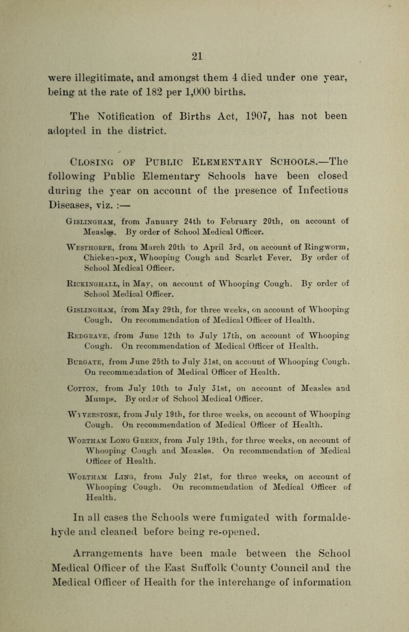 were illegitimate, and amongst them 4 died under one year, being at the rate of 182 per 1,000 births. The Notification of Births Act, 1907, has not been adopted in the district. Closing of Public Elementary Schools—The following Public Elementary Schools have been closed during the year on account of the presence of Infectious Diseases, viz. :— Gislingham, from January 24th to February 20th, on account of Measly. By order of School Medical Officer. Westhorpe, from March 20th to April 3rd, on account of Ringworm, Chicken-pox, Whooping Cough and Scarlet Fever. By order of School Medical Officer. Rickixghall, in May, on account of Whooping Cough. By order of School Medical Officer. Gislingham, from May 29th, for three weeks, on account of Whooping Cough. On recommendation of Medical Officer of Health. Redgrave, .from June 12th to July 17tn, on account of Whooping Cough. On recommendation of Medical Officer of Health. BurGate, from June 25th to July 31st, on account of Whooping Cough. On recommendation of Medical Officer of Health. Cotton, from July 10th to July 31st, on account of Measles and Mumps. By order of School Medical Officer. W yverstone, from July 19th, for three weeks, on account of Whooping Cough. On recommendation of Medical Officer of Health. Wortham Long Green, from July 19th, for three weeks, on account of Whooping Cough and Measles. On recommendation of Medical Officer of Health. Wortham Ling, from July 21st, for three weeks, on account of Whooping Cough. On recommendation of Medical Officer of Health. In all cases the Schools were fumigated with formalde- hyde and cleaned before being re-opened. Arrangements have been made between the School Medical Officer of the East Suffolk County Council and the Medical Officer of Health for the interchange of information