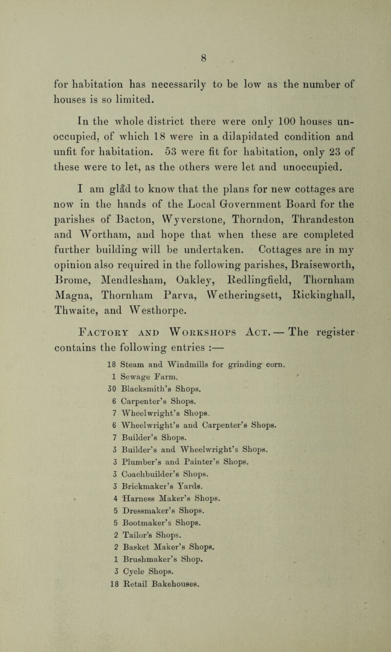 for habitation has necessarily to be low as the number of houses is so limited. In the whole district there were only 100 houses un- occupied. of which 18 were in a dilapidated condition and unfit for habitation. 53 were fit for habitation, only 23 of these were to let, as the others were let and unoccupied. I am gild to know that the plans for new cottages are now in the hands of the Local Government Board for the parishes of Bacton, Wyverstone, Thorndon, Thrandeston and Wortham, and hope that when these are completed further building will be undertaken. Cottages are in my opinion also required in the following parishes, Braiseworth, Brome, Mendlesham, Oakley, Redlingfield, Thornham Magna, Thornham Parva, Wetheringsett, Rickinghall, Thwaite, and Westhorpe. Factory and Workshops Act.— The register contains the following entries :— 18 Steam and Windmills for grinding corn. 1 Sewage Farm. 30 Blacksmith’s Shops. 6 Carpenter’s Shops. 7 Wheelwright’s Shops. 6 Wheelwright’s and Carpenter’s Shops. 7 Builder’s Shops. 3 Builder’s and Wheelwright’s Shops. 3 Plumber’s and Painter’s Shops. 3 Coachbuilder’s Shops. 3 Brickmaker’s Yards. 4 Harness Maker’s Shops. 5 Dressmaker’s Shops. 5 Bootmaker’s Shops. 2 Tailor’s Shops. 2 Basket Maker’s Shops. 1 Brushmaker’s Shop. 3 Cycle Shops. 18 Retail Bakehouses.