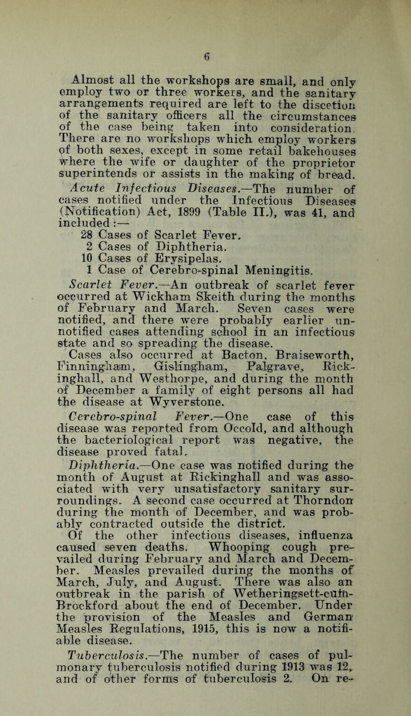 Almost all the workshops are small, and only employ two or three workers, and the sanitary arrangements required are left to the discetioh of the sanitary officers all the circumstances of the case being taken into consideration. There are no workshops which employ workers of both sexes, except in some retail bakehouses \V-here the wife or daughter of the proprietor superintends or assists in the making of bread. Acute Infectious Diseases.—The number of cases notified under the Infectious Diseases (Notification) Act, 1899 (Table II.), was 41, and included :— 28 Cases of Scarlet Fever. 2 Cases of Diphtheria. 10 Cases of Erysipelas. 1 Case of Cerebro-spinal Meningitis. Scarlet Fever.— An outbreak of scarlet fever occurred at Wickham Skeith during the months of February and March. Seven cases were notified, and there were probably earlier un- notified cases attending school in an infectious state and so spreading the disease. Cases also occurred at Bacton, Braiseworth, Finningliaan, GisMnglbam;, Palgrave, Rick- inghall, and Westhorpe, and during the month of December a family of eight persons all had the disease at Wyverstone. Cerebro-spinal Fever.—One case of this disease was reported from Occold, and although the bacteriological report was negative, the disease proved fatal. Diphtheria.—One case was notified during the month of August at Rickinghall and was asso- ciated with very unsatisfactory sanitary sur- roundings. A second case occurred at Thorndon during the month of December, and was prob- ably contracted outside the district. Of the other infectious diseases, influenza caused seven deaths. Whooping cough pre- vailed during February and March and Decem- ber. Measles prevailed during the months of March, July, and August. There was also an outbreak in the parish of Wetheringsett-cuhi- Brockford about the end of December. Under the provision of the Measles and German Measles Regulations, 1915, this is now a notifi- able disease. Tuberculosis.—The number of cases of pul- monary tuberculosis notified during 1913 was 12r and of other forms of tuberculosis 2. On re-