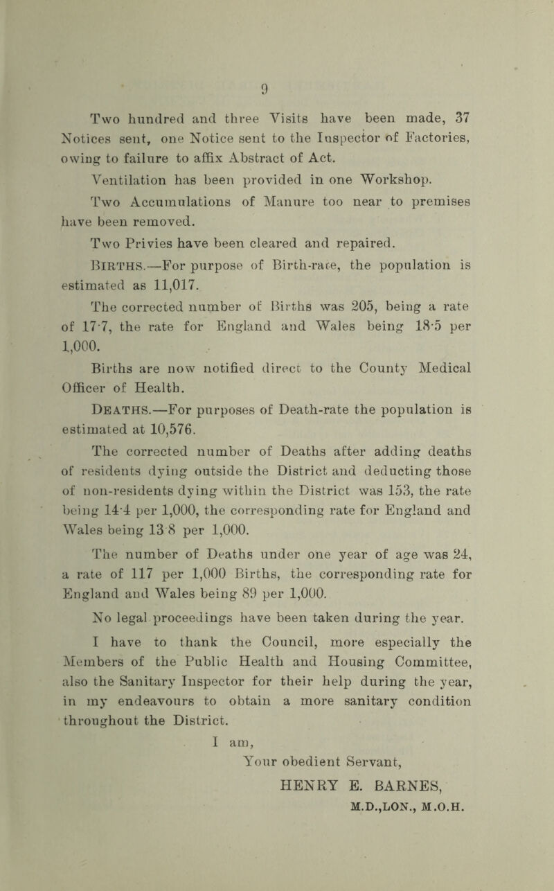 Two hundred and three Visits have been made, 37 Notices sent, one Notice sent to the Inspector of Factories, owing to failure to affix Abstract of Act. Ventilation has been provided in one Workshop. Two Accumulations of Manure too near to premises have been removed. Two Privies have been cleared and repaired. BIRTHS.—For purpose of Birth-race, the population is estimated as 11,017. The corrected number of: Births was 205, being a rate of 17 7, the rate for England and Wales being 185 per 1,000. Births are now notified direct to the County Medical Officer of Health. Deaths.—For purposes of Death-rate the population is estimated at 10,576. The corrected number of Deaths after adding deaths of residents dying outside the District and deducting those of non-residents dying within the District was 153, the rate being 14 4 per 1,000, the corresponding rate for England and Wales being 13 8 per 1,000. The number of Deaths under one year of age was 24, a rate of 117 per 1,000 Births, the corresponding rate for England and Wales being 89 per 1,000. No legal proceedings have been taken during the year. I have to thank the Council, more especially the Members of the Public Health and Housing Committee, also the Sanitary Inspector for their help during the year, in my endeavours to obtain a more sanitary condition throughout the District. I am, Your obedient Servant, HENRY E. BARNES, M.D.,LON., M.O.H.
