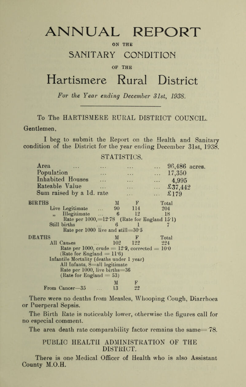 ON THE SANITARY CONDITION OF THE Hartismere Rural District For the Year ending December 31st, 1938. To The HARTISMERE RURAL DISTRICT COUNCIL. Gentlemen, I beg to submit the Report on the Health and Sanitary condition of the District for the year ending December 31st, 1938. STATISTICS. Area ... ... ... ... 96,486 acres. Population ... ... ... 17,350 Inhabited Houses ... ... ... 4 995 Rateable Value ... ... ... £37,442 Sum raised by a Id. rate ... ... £179 BIRTHS M F Total Live Legitimate ... 90 114 204 „ Illegitimate . . 6 12 18 Rate per 1000,=12 78 (Rate for England 15*1) Still births ... 6 1 7 Rate per 1000 live and still=30‘5 DEATHS M F Total All Causes ... 102 122 224 Rate per 1000, crude = 12 9, corrected = 10 0 (Rate for England = 116) Infantile Mortality (deaths under 1 year) All Infants, 8=all legitimate Rate per 1000, live births=36 (Rate for England = 53) M F From Cancer—35 13 22 There were no deaths from Measles, Whooping Cough, Diarrhoea or Puerperal Sepsis. The Birth Rate is noticeably lower, otherwise the figures call for no especial comment. The area death rate comparability factor remains the same= 78. PUBLIC HEALTH ADMINISTRATION OF THE DISTRICT. There is one Medical Officer of Health who is also Assistant County M.O.H.
