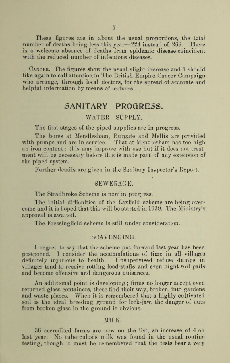 These figures are in about the usual proportions, the total number of deaths being less this year—224 instead of 269. There is a welcome absence of deaths from epidemic disease coincident with the reduced number of infectious diseases. Cancer. The figures show the usual slight increase and I should like again to call attention to The British Empire Cancer Campaign who arrange, through local doctors, for the spread of accurate and helpful information by means of lectures. SANITARY PROGRESS. WATER SUPPLY. The first stages of the piped supplies are in progress. The bores at Mendlesham, Burgate and Mellis are provided with pumps and are in service That at Mendlesham has too high an iron content: this may improve with use but if it does not treat ment will be necessary before this is made part of any extension of the piped system. Further details are given in the Sanitary Inspector’s Report. SEWERAGE. The Stradbroke Scheme is now in progress. The initial difficulties of the Laxfield scheme are being over- come and it is hoped that this will be started in 1939. The Ministry’s approval is awaited. The Fressingfield scheme is still under consideration. SCAVENGING. I regret to say that the scheme put forward last year has been postponed. I consider the accumulations of time in all villages definitely injurious to health. Unsupervised refuse dumps in villages tend to receive rotting food-stuffs and even night soil pails and become offensive and dangerous nuisances. An additional point is developing; firms no longer accept even returned glass containers, these find their w*ay, broken, into gardens and waste places. When it is remembered that a highly cultivated soil is the ideal breeding ground for lock-jaw, the danger of cuts from broken glass in the ground is obvious. MILK. 36 accredited farms are now on the list, an increase of 4 on last year. No tuberculosis milk was found in the usual routine testing, though it must be remembered that the tests bear a very