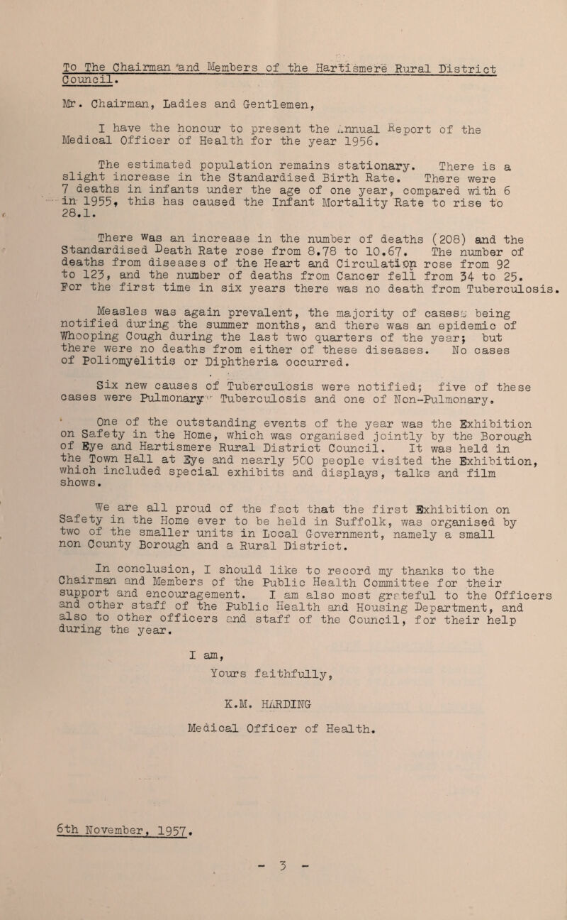 To The Chairman 'and Members of the Hartismere Rural District Council. Mr. Chairman, Ladies and Gentlemen, I have the honour to present the Annual Report 0f the Medical Officer of Health for the year 1956. The estimated population remains stationary. There is a slight increase in the Standardised Birth Rate. There were 7 deaths in infants under the age of one year, compared with 6 in 19559 this has caused the Infant Mortality Rate to rise to 28.1. There was an increase in the number of deaths (208) and the Standardised Death Rate rose from 8.78 to 10.67. The number of deaths from diseases of the Heart and Circulation rose from 92 to 123, and the number of deaths from Cancer fell from 34 to 25. Bor the first time in six years there was no death from Tuberculosis. Measles was again prevalent, the majority of caaes?j being notified during the summer months, and there was an epidemic of Whooping Cough during the last two quarters of the year; but there were no deaths from either of these diseases. No cases of Poliomyelitis or Diphtheria occurred. Six new causes of Tuberculosis were notified; five of these cases were Pulmonary''' Tuberculosis and one of Non-Pulmonary, One of the outstanding events of the year was the Exhibition on Safety in the Home, which was organised jointly by the Borough of Eye and Hartismere Rural District Council. It was held in the Town Hall at Eye and nearly 500 people visited the Exhibition, which included special exhibits and displays, talks and film shows. We are all proud of the fact that the first Exhibition on Safety in the Home ever to be held in Suffolk, was organised by two of the smaller units in Local Government, namely a small non County Borough and a Rural District. In conclusion, I should like to record my thanks to the Chairman and Members of the Public Health Committee for their support and encouragement. I am also most grateful to the Officers and other staff of the Public Health and Housing Department, and also to other officers and staff of the Council, for their help during the year. I am, Yours faithfully, K.M. HARDING Medical Officer of Health. 6th November. 1957.