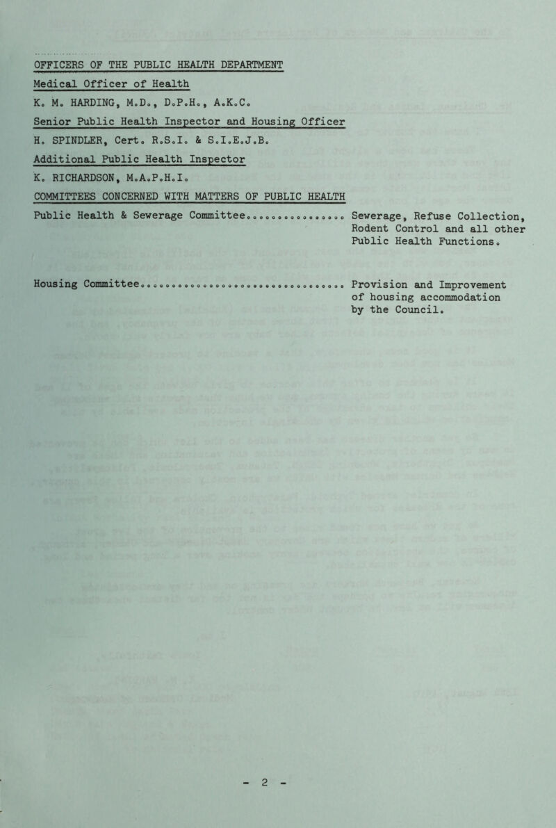 OFFICERS OF THE PUBLIC HEALTH DEPARTMENT Medical Officer of Health K„ M. HARDING, M.D., D.P.Ho, A.K.C. Senior Public Health Inspector and Housing Officer Ho SPINDLER, Cert, RoSolo & SoI.EoJ.Bo Additional Public Health Inspector K. RICHARDSON, M.A.P.H.I. COMMITTEES CONCERNED WITH MATTERS OF PUBLIC HEALTH Public Health & Sewerage Committee,, „ „«„»<. 0»»»0»« Sewerage, Refuse Collection, Rodent Control and all other Public Health Functions. Housing Committee oooeooooooooooooooooeooooooeooooo Provision and Improvement of housing accommodation by the Council.