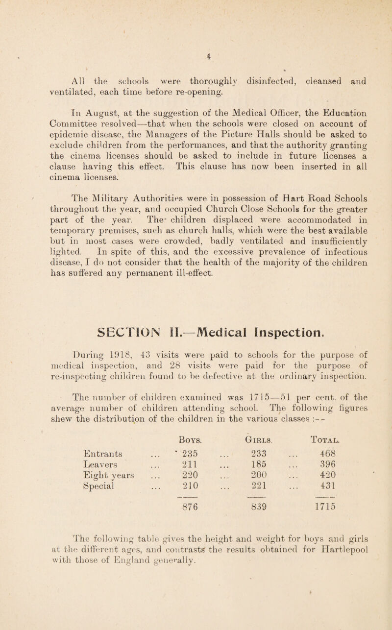All the schools were thoroughly disinfected, cleansed and ventilated, each time before re-opening. In August, at the suggestion of the Medical Officer, the Education Committee resolved—that when the schools were closed on account of epidemic disease, the Managers of the Picture Halls should be asked to exclude children from the performances, and that the authority granting the cinema licenses should be asked to include in future licenses a clause having this effect. This clause has now been inserted in all cinema licenses. The Military Authorities were in possession of Hart Road Schools throughout the year, and occupied Church Close Schools for the greater part of the year. The* children displaced were accommodated in temporary premises, such as church halls, which were the best available but in most cases were crowded, badly ventilated and insufficiently lighted. In spite of this, and the excessive prevalence of infectious disease, I do not consider that the health of the majority of the children has suffered any permanent ill-effect. SECTION II.—Medical Inspection. During 1918, 43 visits were paid to schools for the purpose of medical inspection, and 28 visits were paid for the purpose of re-inspecting children found to be defective at the ordinary inspection. The number of children examined was 1715—51 per cent, of the average number of children attending school. The following figures shew the distribution of the children in the various classes Boys. Girls. Total. Entrants ... ‘ 235 233 468 Leavers 211 185 396 Eight years 220 200 420 Special 210 221 431 876 839 1715 The following table gives the heig ht and weight for boys and girls le different ages, and contrasts the results obtained for Hartlepool with those of England generally. o o J
