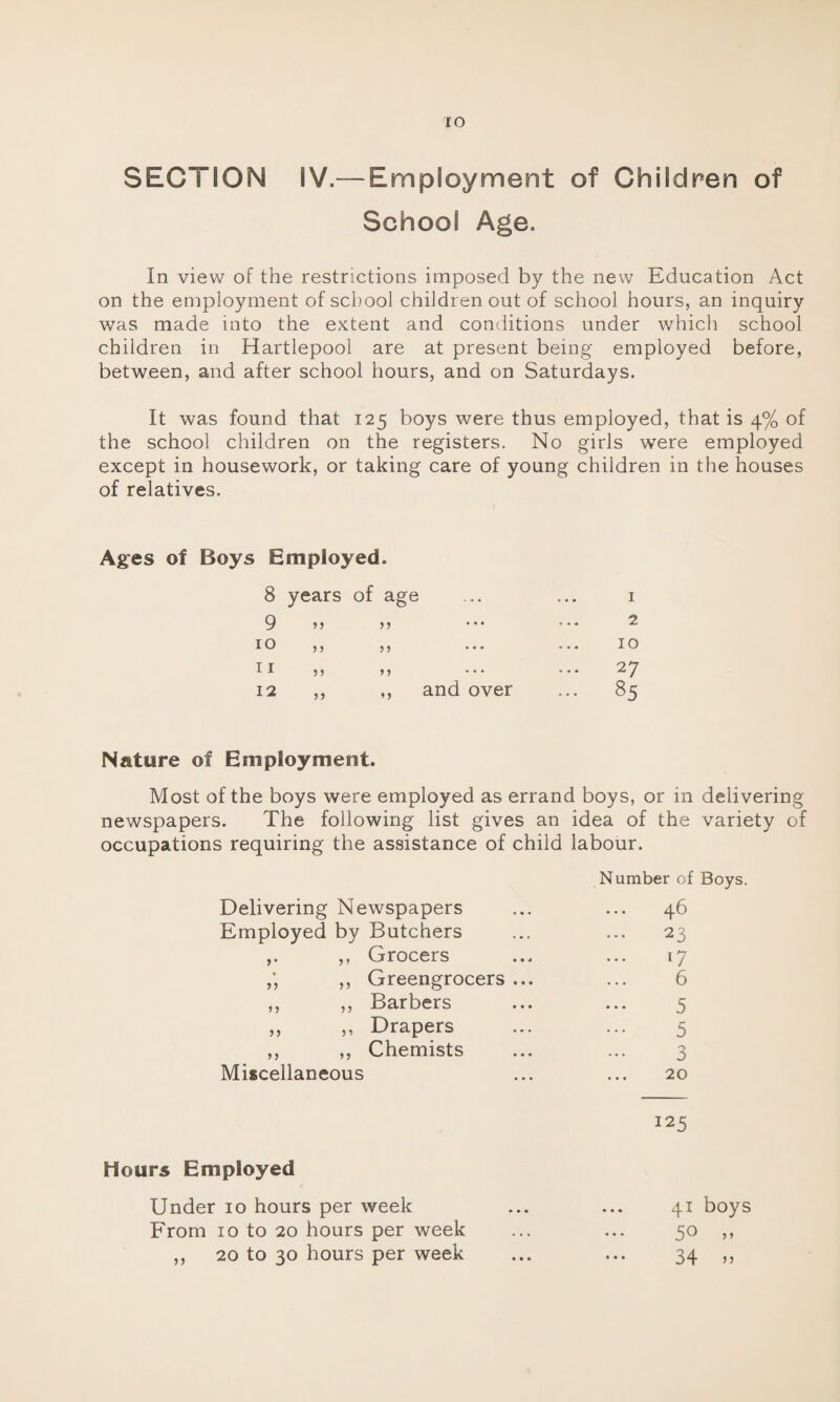 IO SECTION IV.— Employment of Children of School Age. In view of the restrictions imposed by the new Education Act on the employment of school children out of school hours, an inquiry was made into the extent and conditions under which school children in Hartlepool are at present being employed before, between, and after school hours, and on Saturdays. It was found that 125 boys were thus employed, that is 4% of the school children on the registers. No girls were employed except in housework, or taking care of young children in the houses of relatives. Ages of Boys Employed. 8 years of age 1 9 55 55 2 10 5 5 55 • • • 10 11 55 55 • • • 27 12 55 ,, and over ... 85 Nature of Employment. Most of the boys were employed as errand boys, or in delivering newspapers. The following list gives an idea of the variety of occupations requiring the assistance of child labour. Number of Boys. Delivering Newspapers ... ... 46 Employed by Butchers ... ... 23 ,. ,, Grocers ... ... 17 ,, Greengrocers ... ... 6 ,, ,, Barbers ... ... 5 „ „ Drapers ... ... 5 ,, ,, Chemists ... ... 3 Miscellaneous ... ... 20 5 Hours Employed Under 10 hours per week ... ... 41 boys From 10 to 20 hours per week ... ... 50 ,, ,, 20 to 30 hours per week ... ... 34 ,,