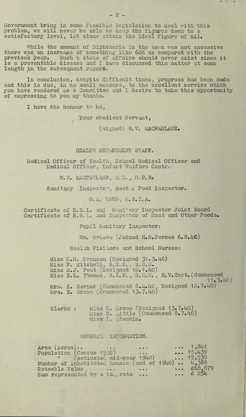 Government bring in some feasible legislation to deal with’this problem, we will never be able to keep the figures down to a satisfactory, level, 1st alone attain the ideal figure of nil. While the amount of Diphtheria in the town was not excessive there was an increase of something like 60% as compared with the previous year. Such h. state of affairs should never exist since it is a preventable disease and I have discussed this matter at some length in the subsequent report f In conclusion, despite difficult times, progress has been made and this is due, in no small measure, to the excellent service which you have rendered as a Committee and I desire to take this opportunity of expressing to you my thankso I have the honour to be, Your obedient Servant, (signed) W,V, MACFARLANE• HEALTH DEPARTMENT STAFF. Medical Officer of Health, School Medical Officer and Medical Officer, Infant Welfare Centro? W. V. MACFARLANE , M, D, , D„ P. H+ Sanitary .Inspector, Meat G Food Inspector. Go A. WARD , M, S. I. A, Certificate of R.SM. and S;miirary Inspector Joint Board Certificate of R,SeL and Inspector of Meat and Other Foods, Pupil Sanitary Inspectors Wm» Grieve (joined H.M.Forces 6.8,40) Health Visitors and School Nurses; K.M. Brennan (Resigned 31*3*40) F„ Mitchell, S.R.N., 3.C.M. M,J6 Peat (Resigned 12.1.40) E.L. Thomas, S.R.N. , S.C.M. , H. V. Cert. (Commenced 11.3.40) E. Harper (Commenced 8.4.40, Resigned 12.7*40) E. Green (Commenced 13°7«40) Clerks : Miss E, Cross (Resigned 13*7*40) Miss No Little (Commenced 8.7*40) Miss I. Blenkin. Miss Miss Miss Miss Mr sc Mrs. GENERA'S INFORMATI 0N„ Area (Acres).. ..- ... Population (Census 19.39) ••• (estimated mid-year 1940) Number of inhabitated houses (end of Rateable Value t • ... ... Sum represented by a Id*, rate ... 1940)’!1 1 ,841 15,439 159530 4,388 £68,679 £ 254 • • •