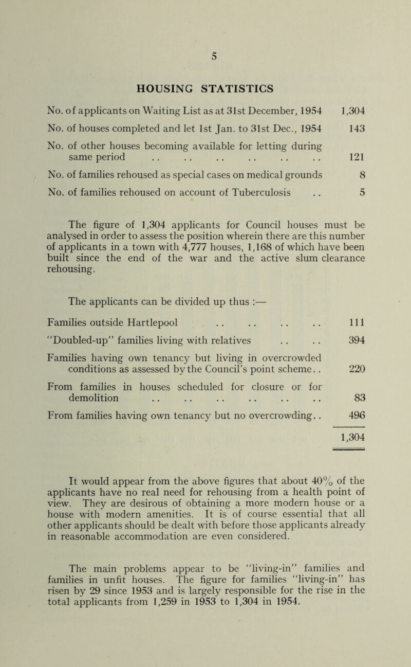 HOUSING STATISTICS No. o f applicants on Waiting List as at 31st December, 1954 1,304 No. of houses completed and let 1st Jan. to 31st Dec., 1954 143 No. of other houses becoming available for letting during same period . . . . .. . . . . . . 121 No. of families rehoused as special cases on medical grounds 8 No. of families rehoused on account of Tuberculosis .. 5 The figure of 1,304 applicants for Council houses must be analysed in order to assess the position wherein there are this number of applicants in a town with 4,777 houses, 1,168 of which have been built since the end of the war and the active slum clearance rehousing. The applicants can be divided up thus :— Families outside Hartlepool .. . . . . . . Ill “Doubled-up” families living with relatives .. .. 394 Families having own tenancy but living in overcrowded conditions as assessed by the Council’s point scheme.. 220 From families in houses scheduled for closure or for demolition .. .. .. .. .. .. 83 From families having own tenancy but no overcrowding.. 496 1,304 It would appear from the above figures that about 40% of the applicants have no real need for rehousing from a health point of view. They are desirous of obtaining a more modern house or a house with modern amenities. It is of course essential that all other applicants should be dealt with before those applicants already in reasonable accommodation are even considered. The main problems appear to be “living-in” families and families in unfit houses. The figure for families “living-in” has risen by 29 since 1953 and is largely responsible for the rise in the total applicants from 1,259 in 1953 to 1,304 in 1954.