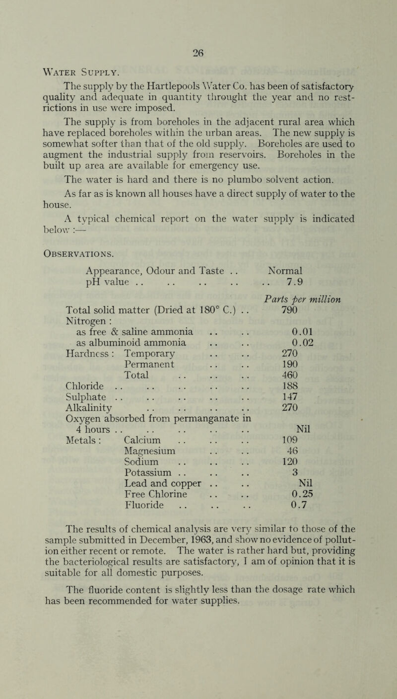 Water Supply. The supply by the Hartlepools Water Co. has been of satisfactory quality and adequate in quantity throught the year and no rest- rictions in use were imposed. The supply is from boreholes in the adjacent rural area which have replaced boreholes within the urban areas. The new supply is somewhat softer than that of the old supply. Boreholes are used to augment the industrial supply from reservoirs. Boreholes in the built up area are available for emergency use. The water is hard and there is no plumbo solvent action. As far as is known all houses have a direct supply of water to the house. A typical chemical report on the water supply is indicated below :— Observations. Appearance, Odour and Taste .. Normal pH value .. . . . . . . . . 7.9 Parts per million Total solid matter (Dried at 180° C.) .. 790 Nitrogen : as free & saline ammonia .. .. 0.01 as albuminoid ammonia .. . . 0.02 Hardness: Temporary .. .. 270 Permanent .. . . 190 Total 460 Chloride . . . . . . . . . . 188 Sulphate .. .. .. .. .. 147 Alkalinity . . . . .. . . 270 Oxygen absorbed from permanganate in 4 hours . . . . . . . . . . Nil Metals: Calcium . . .. .. 109 Magnesium . . . . 46 Sodium .. .. . . 120 Potassium .. .. .. 3 Lead and copper .. .. Nil Free Chlorine .. .. 0.25 Fluoride .. .. . . 0.7 The results of chemical analysis are very similar to those of the sample submitted in December, 1963, and show no evidence of pollut- ion either recent or remote. The water is rather hard but, providing the bacteriological results are satisfactory, I am of opinion that it is suitable for all domestic purposes. The fluoride content is slightly less than the dosage rate which has been recommended for water supplies.