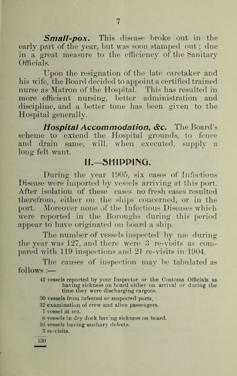 SmalI=pox. This disease broke out in the early part of the year, but was soon stamped out; due in a great measure to the efficiency of the Sanitary Officials. Upon the resignation of the late caretaker and his wife, the Board decided to appoint a certified trained nurse as Matron of the Hospital. This has resulted in more efficient nursing, better administration and discipline, and a better tone has been given to the Hospital generally. Hospital Accommodation, &c. The Board’s scheme to extend the Hospital grounds, to fence and drain same, will, when executed, supply a long felt want. II.—SHIPPING. During the year 1905, six cases of Infectious Disease were imported by vessels arriving at this port. After isolation of these cases no fresh cases resulted therefrom, either on the ships concerned, or in the port. Moreover none of the Infectious Diseases which were reported in the Boroughs during this period appear to have originated on board a ship. The number of vessels inspected' by me during the year was 127, and there were 3 re-visits as com- pared with 119 inspections and 21 re-visits in 1904. The causes of inspection may be tabulated as follows :— 42 vessels reported by your Inspector or the Customs Officials as having sickness on board either on arrival or during the time they were discharging cargoes. 30 vessels from infected or suspected ports. 32 examination of crew and alien passengers. 1 vessel at sea. 6 vessels in dry dock having sickness on board. 16 vessels having sanitary defects. 3 re-visits. 130