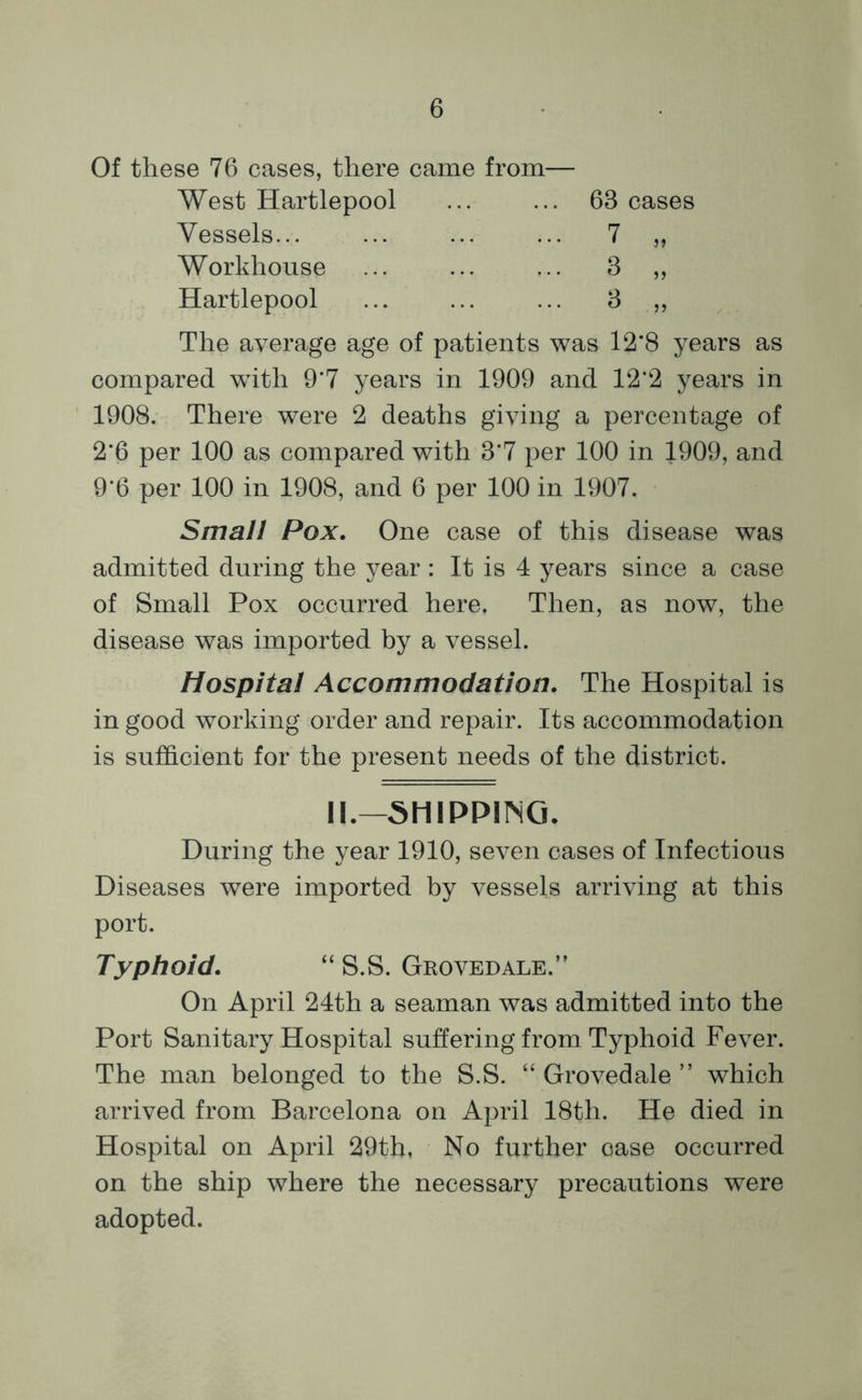 Of these 76 cases, there came from— West Hartlepool Vessels... Workhouse Hartlepool 63 cases The average age of patients was 12*8 years as compared wTith 9*7 years in 1909 and 12*2 years in 1908. There were 2 deaths giving a percentage of 2*6 per 100 as compared with 3*7 per 100 in 1909, and 9*6 per 100 in 1908, and 6 per 100 in 1907. Small Pox. One case of this disease was admitted during the year : It is 4 years since a case of Small Pox occurred here. Then, as now, the disease was imported by a vessel. Hospital Accommodation. The Hospital is in good working order and repair. Its accommodation is sufficient for the present needs of the district. II.—SHIPPING, During the year 1910, seven cases of Infectious Diseases were imported by vessels arriving at this port. Typhoid. “ S.S. Grovedale.” On April 24th a seaman was admitted into the Port Sanitary Hospital suffering from Typhoid Fever. The man belonged to the S.S. “ Grovedale ” which arrived from Barcelona on April 18th. He died in Hospital on April 29th, No further case occurred on the ship where the necessary precautions were adopted.