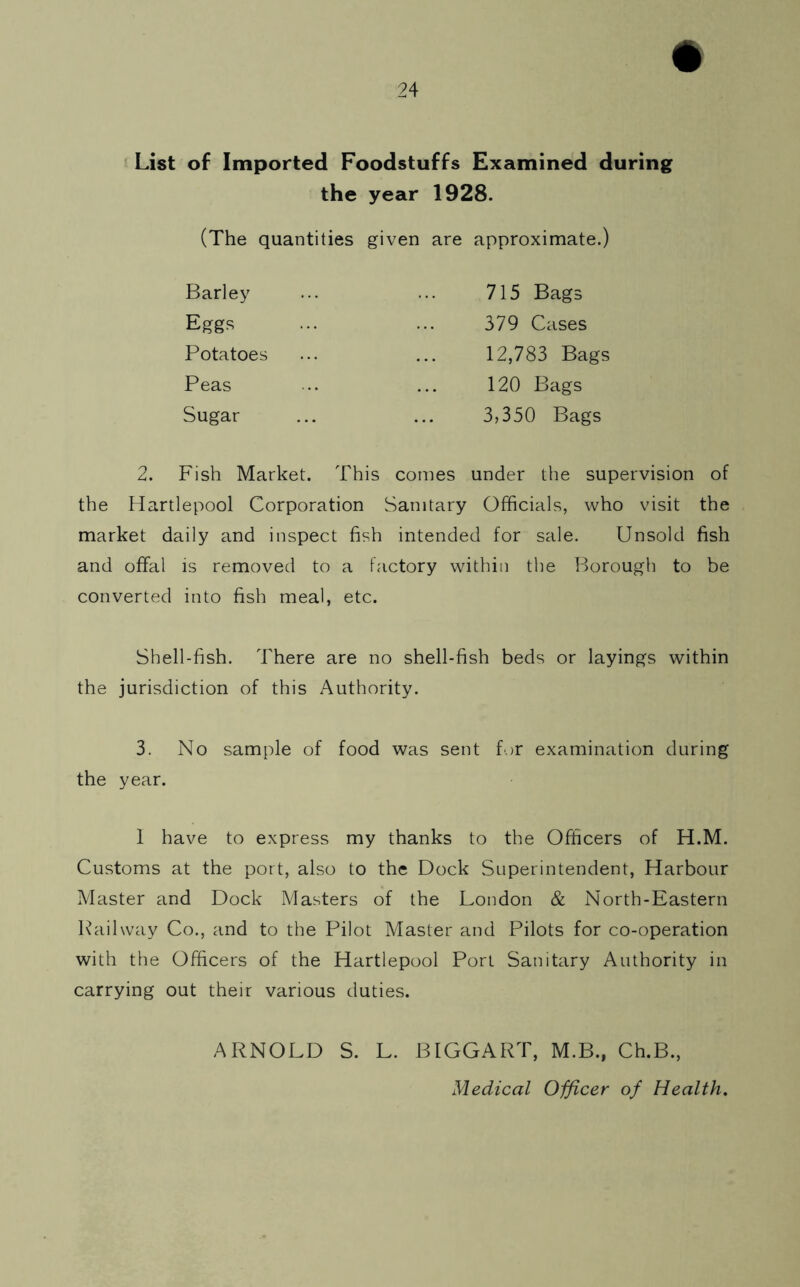 List of Imported Foodstuffs Examined during the year 1928. (The quantities given are approximate.) Barley Eggs 715 Bags 379 Cases 12,783 Bags 120 Bags 3,350 Bags Potatoes Peas Sugar 2. Fish Market. This comes under the supervision of the Hartlepool Corporation Sanitary Officials, who visit the market daily and inspect fish intended for sale. Unsold fish and offal is removed to a factory within the Borough to be converted into fish meal, etc. Sbell-fish. There are no shell-fish beds or layings within the jurisdiction of this Authority. 3. No sample of food was sent for examination during the year. I have to express my thanks to the Officers of H.M. Customs at the port, also to the Dock Superintendent, Harbour Master and Dock Masters of the London & North-Eastern Kailway Co., and to the Pilot Master and Pilots for co-operation with the Officers of the Hartlepool Port Sanitary Authority in carrying out their various duties. ARNOLD S. L. BIGGART, M.B., Ch.B., Medical Officer of Health.