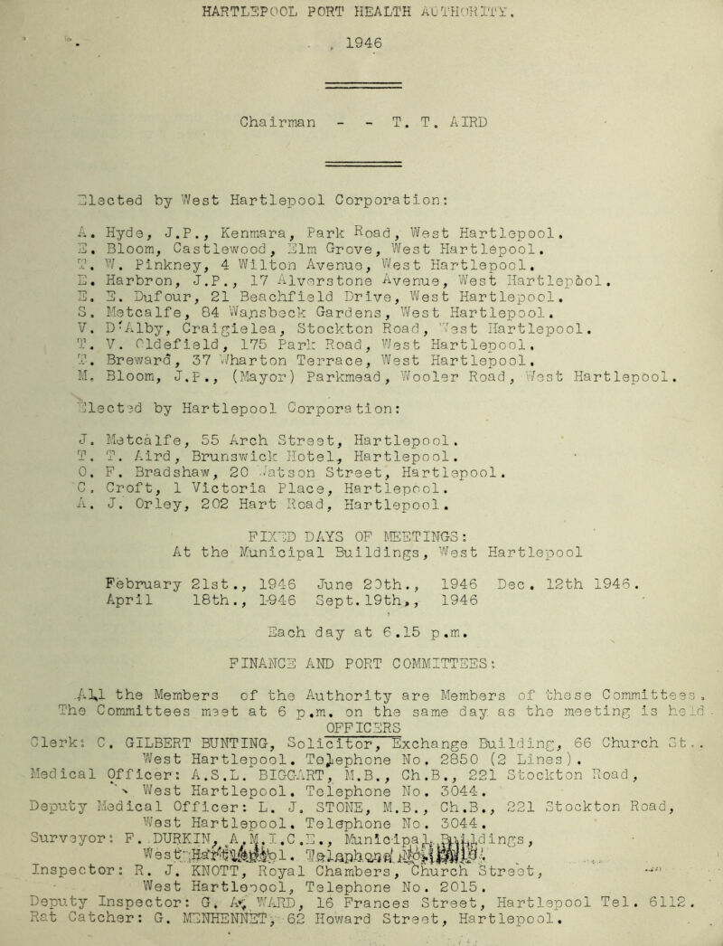 . 1946 Chairman - - T. T. AIRD Elected by West Hartlepool Corporation: A. Hyde, J.P., Kenmara, Park Road, West Hartlepool. 3. Bloom, Castlewood, Elm Grove, West Hartlepool. T. W. Pinkney, 4 Wilton Avenue, West Hartlepool. E. Harbron, J.P., 17 Alverstone Avenue, West Hartlep&ol. E. E. Dufour, 21 Beachfield Drive, West Hartlepool. S. Metcalfe, 84 Wapsbeck Gardens, West Hartlepool. V. DrAlby, Craigielea, Stockton Road, West Hartlepool. T. V. Cldefield, 175 Park Road, West Hartlepool, T. Breward, 37 'Wharton Terrace, West Hartlepool. M, Bloom, J.F., (Mayor) Parkmead, Vvrooler Road, West Hartlepool. Elected by Hartlepool Corporation: J. Metcalfe, 55 Arch Street, Hartlepool. T. T. A.ird, Brunswick Hotel, Hartlepool. 0. F. Bradshaw, 20 Watson Street, Hartlepool. C. Croft, 1 Victoria Place, Hartlepool. A. J. Orley, 202 Hart Road, Hartlepool. FIXED DAYS OF MEETINGS: At the Municipal Buildings, West Hartlepool February 21st., 1946 June 23th., 1946 Dec. 12th 1946. April 18th., 1-946 Sept. 19th,, 1946 Each day at 6.15 p.m. FINANCE AND PORT COMMITTEES: .A^l the Members of the Authority are Members of these Committ The Committees meet at 6 p.m. on the same day as the meeting is OFFICERS Clerk: C. GILBERT BUNTING, Solicitor, Exchange Building, 66 Church St,. West Hartlepool. Telephone No. 2850 (2 Lines). Medical Officer : A . S . L / BIGG-ART , M.B., Ch.B., 221 Stockton Road, West Hartlepool. Telephone No, 3044. Deputy Medical Officer: L. J. STONE, M.B., Ch.B., 221 Stockton Road, West Hartlepool. Telephone No. 3044. Surveyor: F. . DURKIN, A.M.I.C.E., Municipal RjAAdIngs , Wes1. T^i^pho^^ Inspector: R. J. KNOTT, Royal Chambers, Church Street, West Hartlooool, Telephone No. 2015. Deputy Inspector: G, A% WARD, 16 Frances Street, Hartlepool Tel. 6112. Rat Catcher: G. MENHENNST, 62 Howard Street, Hartlepool. rr to