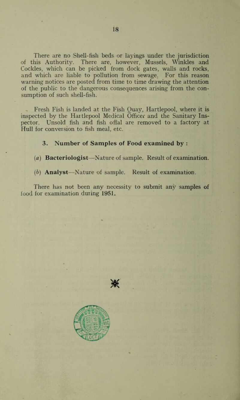 There are no Shell-fish beds or layings under the jurisdiction of this Authority. There are, however, Mussels, Winkles and Cockles, which can be picked from dock gates, walls and rocks, and which are liable to pollution from sewage. For this reason warning notices are posted from time to time drawing the attention of the public to the dangerous consequences arising from the con- sumption of such shell-fish. Fresh Fish is landed at the Fish Quay, Hartlepool, where it is inspected by the Haitlepool Medical Officer and the Sanitary Ins- pector. Unsold fish and fish offal are removed to a factory at Hull for conversion to fish meal, etc. 3. Number of Samples of Food examined by : (a) Bacteriologist—Nature of sample. Result of examination. (b) Analyst—Nature of sample. Result of examination. There has not been any necessity to submit any samples of food for examination duiing 1951.