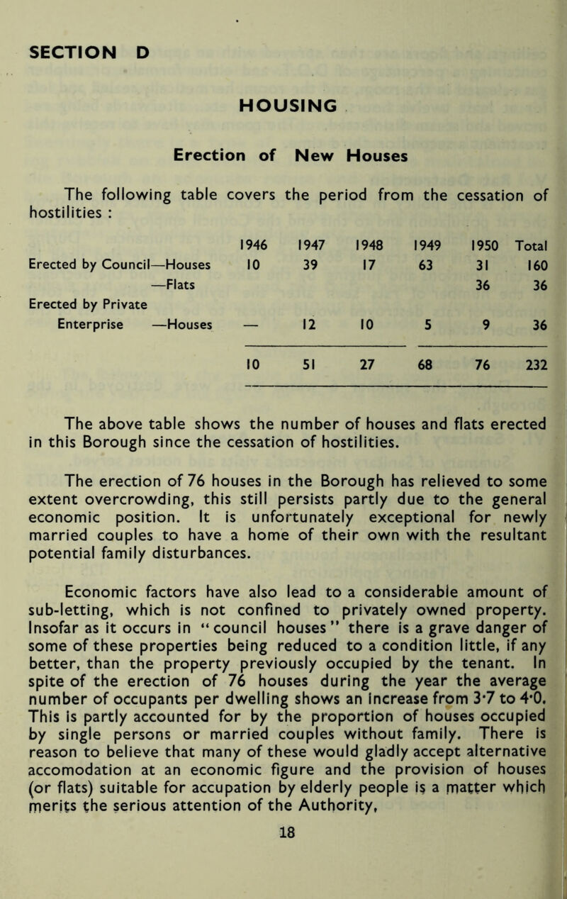 HOUSING Erection of New Houses The following table covers the period from the cessation of hostilities : 1946 1947 1948 1949 1950 Total Erected by Council—Houses 10 39 17 63 31 160 —Flats 36 36 Erected by Private Enterprise —Houses — 12 10 5 9 36 10 51 27 68 76 232 The above table shows the number of houses and flats erected in this Borough since the cessation of hostilities. The erection of 76 houses in the Borough has relieved to some extent overcrowding, this still persists partly due to the general economic position. It is unfortunately exceptional for newly married couples to have a home of their own with the resultant potential family disturbances. Economic factors have also lead to a considerable amount of sub-letting, which is not confined to privately owned property. Insofar as it occurs in “council houses” there is a grave danger of some of these properties being reduced to a condition little, if any better, than the property previously occupied by the tenant. In spite of the erection of 76 houses during the year the average number of occupants per dwelling shows an increase from 3*7 to 4*0. This is partly accounted for by the proportion of houses occupied by single persons or married couples without family. There is reason to believe that many of these would gladly accept alternative accomodation at an economic figure and the provision of houses (or flats) suitable for accupation by elderly people is a matter which merits the serious attention of the Authority,