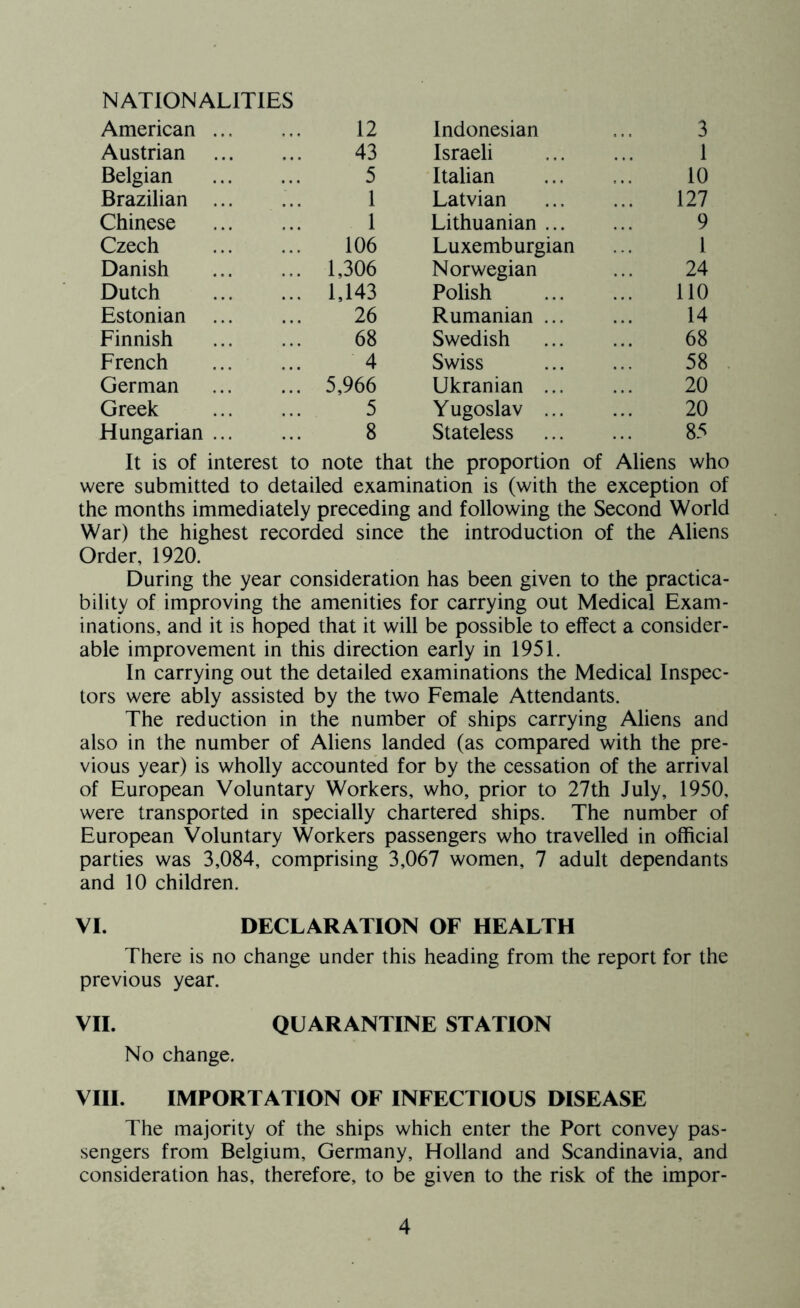 NATIONALITIES American 12 Indonesian 3 Austrian 43 Israeli 1 Belgian 5 Italian 10 Brazilian ... 1 Latvian 127 Chinese 1 Lithuanian 9 Czech 106 Luxemburgian 1 Danish 1,306 Norwegian 24 Dutch 1,143 Polish 110 Estonian ... 26 Rumanian 14 Finnish 68 Swedish 68 French 4 Swiss 58 German 5,966 Ukranian 20 Greek 5 Y ugoslav 20 Hungarian ... 8 Stateless 85 It is of interest to note that the proportion of Aliens who were submitted to detailed examination is (with the exception of the months immediately preceding and following the Second World War) the highest recorded since the introduction of the Aliens Order, 1920. During the year consideration has been given to the practica- bility of improving the amenities for carrying out Medical Exam- inations, and it is hoped that it will be possible to effect a consider- able improvement in this direction early in 1951. In carrying out the detailed examinations the Medical Inspec- tors were ably assisted by the two Female Attendants. The reduction in the number of ships carrying Aliens and also in the number of Aliens landed (as compared with the pre- vious year) is wholly accounted for by the cessation of the arrival of European Voluntary Workers, who, prior to 27th July, 1950. were transported in specially chartered ships. The number of European Voluntary Workers passengers who travelled in official parties was 3,084, comprising 3,067 women, 7 adult dependants and 10 children. VI. DECLARATION OF HEALTH There is no change under this heading from the report for the previous year. VII. QUARANTINE STATION No change. VIII. IMPORTATION OF INFECTIOUS DISEASE The majority of the ships which enter the Port convey pas- sengers from Belgium, Germany, Holland and Scandinavia, and consideration has, therefore, to be given to the risk of the impor-