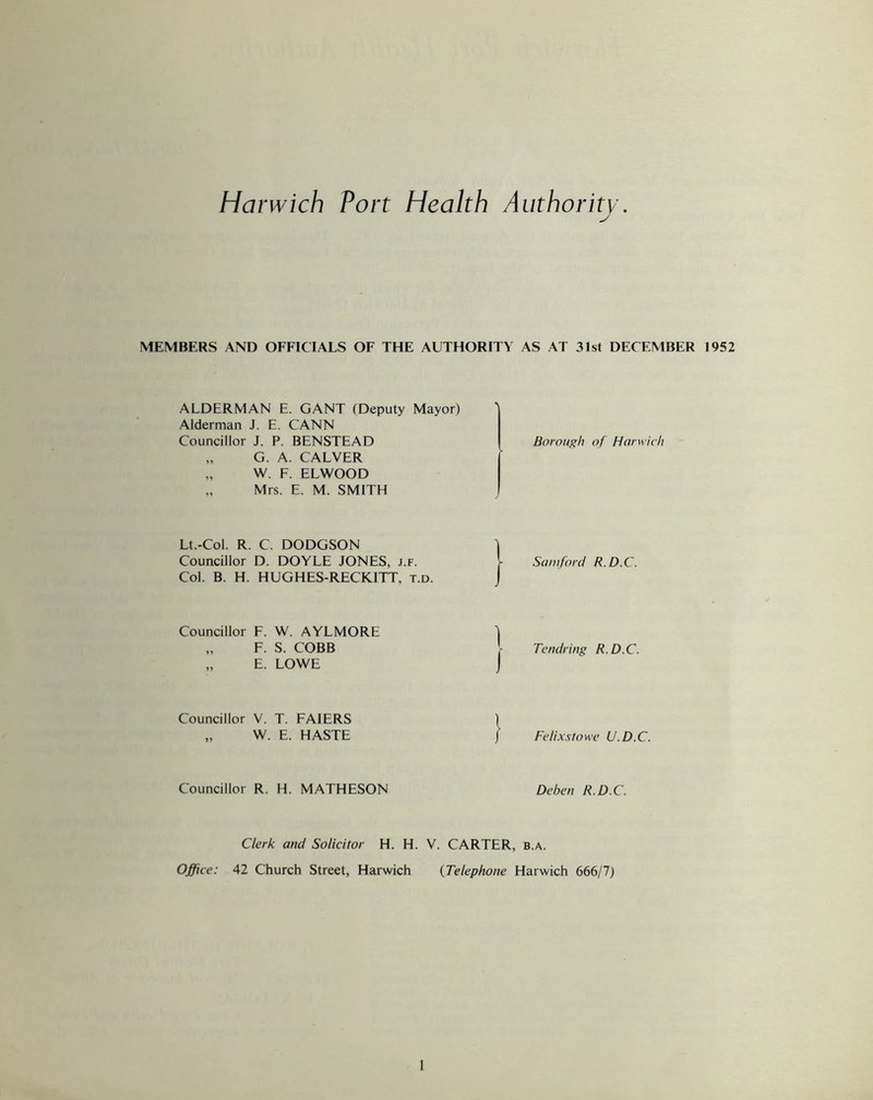 Ha, *wich Port Health Authority MEMBERS AND OFFICIALS OF THE AUTHORITY AS AT 31st DECEMBER 1952 ALDERMAN E. GANT (Deputy Mayor) Alderman J. E. CANN Councillor J. P. BENSTEAD „ G. A. CALVER „ W. F. ELWOOD „ Mrs. E. M. SMITH Borough of Harwich Lt.-Col. R. C. DODGSON ] Councillor D. DOYLE JONES, j.f. \ Samford R.D.C. Col. B. H. HUGHES-RECKITT, t.d. Councillor F. W. AYLMORE ) „ F. S. COBB Tendring R.D.C. „ E. LOWE Councillor V. T. FA1ERS „ W. E. HASTE Felixstowe U.D.C. Councillor R. H. MATHESON Dehen R.D.C. Clerk and Solicitor H. H. V. CARTER, b.a. Office: 42 Church Street, Harwich (Telephone Harwich 666/7)